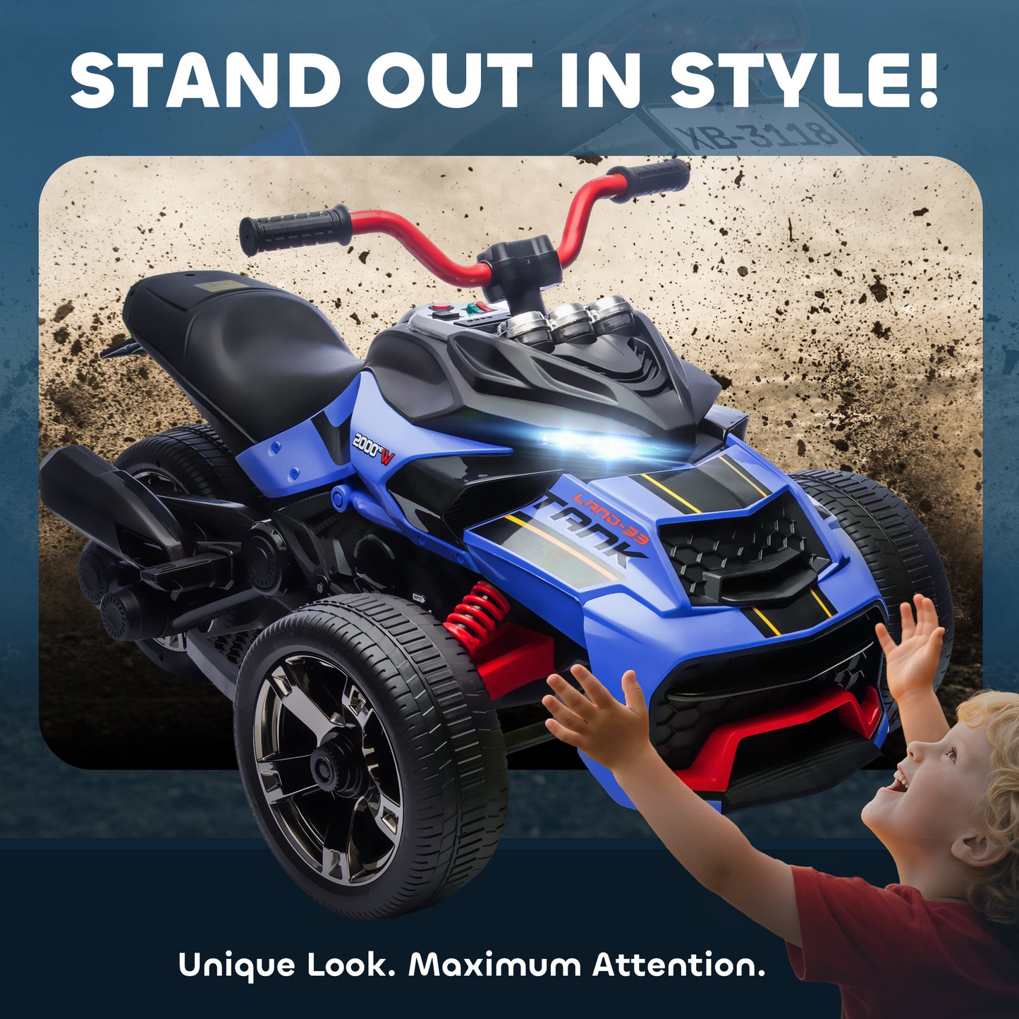 12V Kids Electric Ride On Car with 3 Wheeler, MP3 Player, Horn