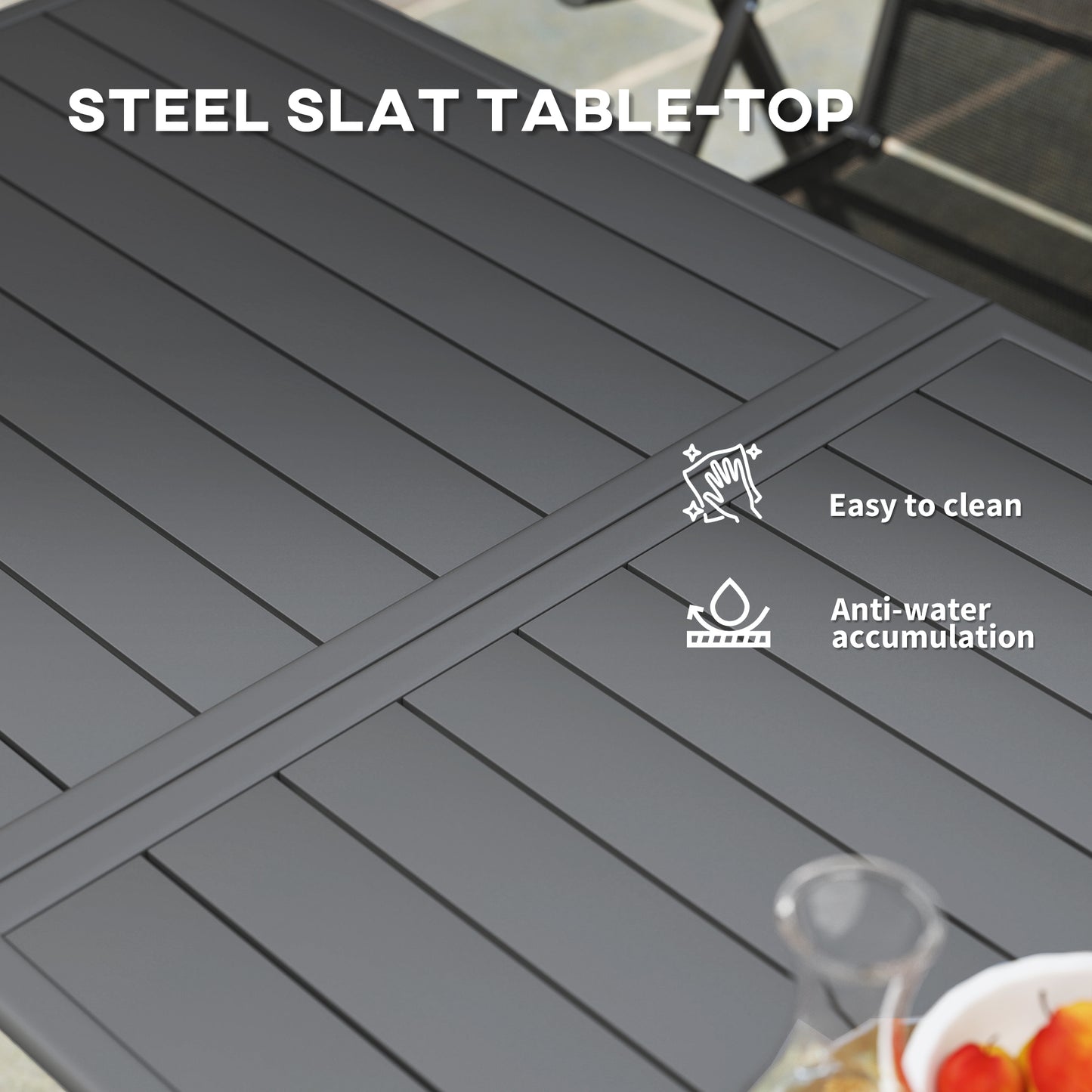 Rectangle Garden Table with Slat Top, Steel Frame