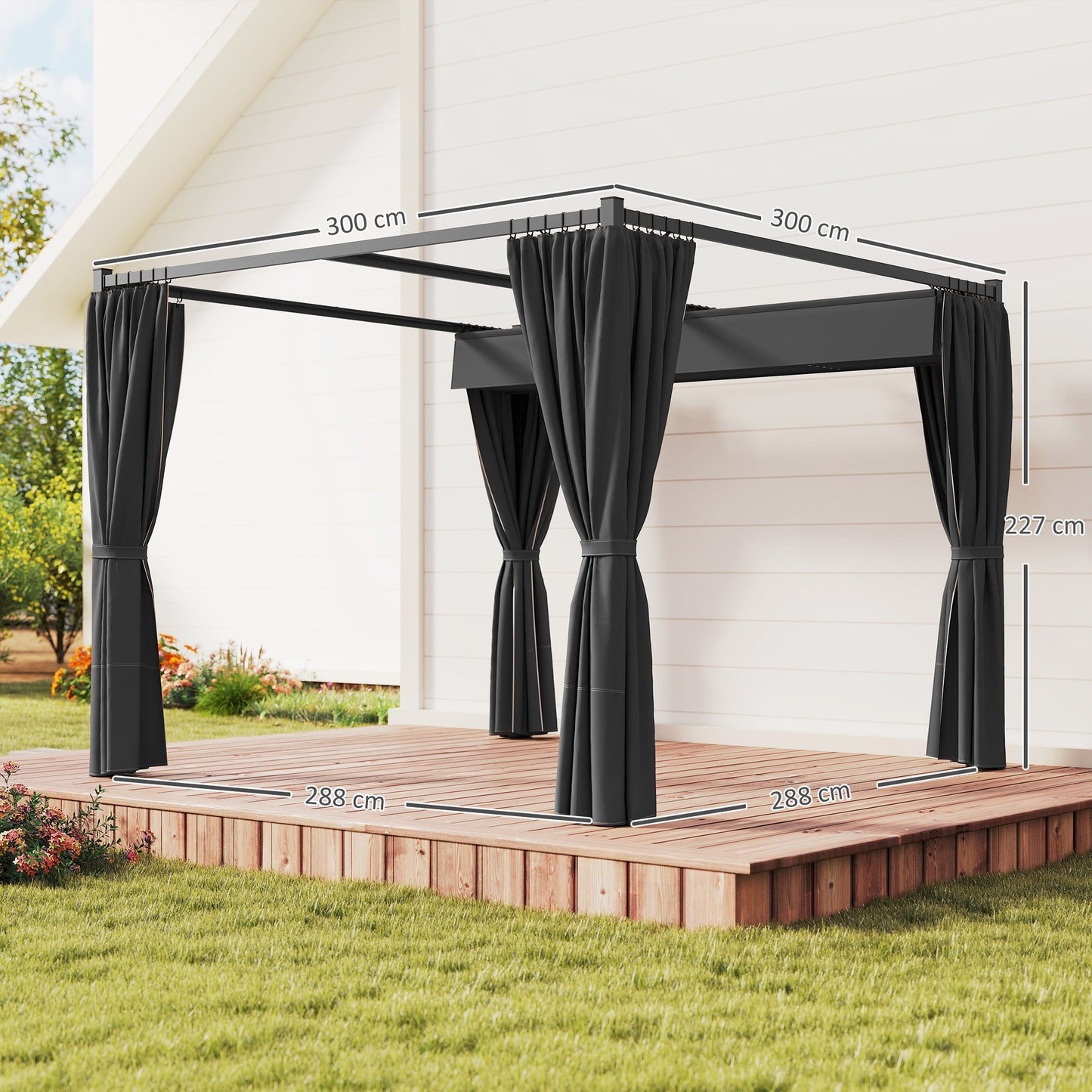 3 x 3(m) Retractable Pergola, Garden Gazebo Shelter with Curtains