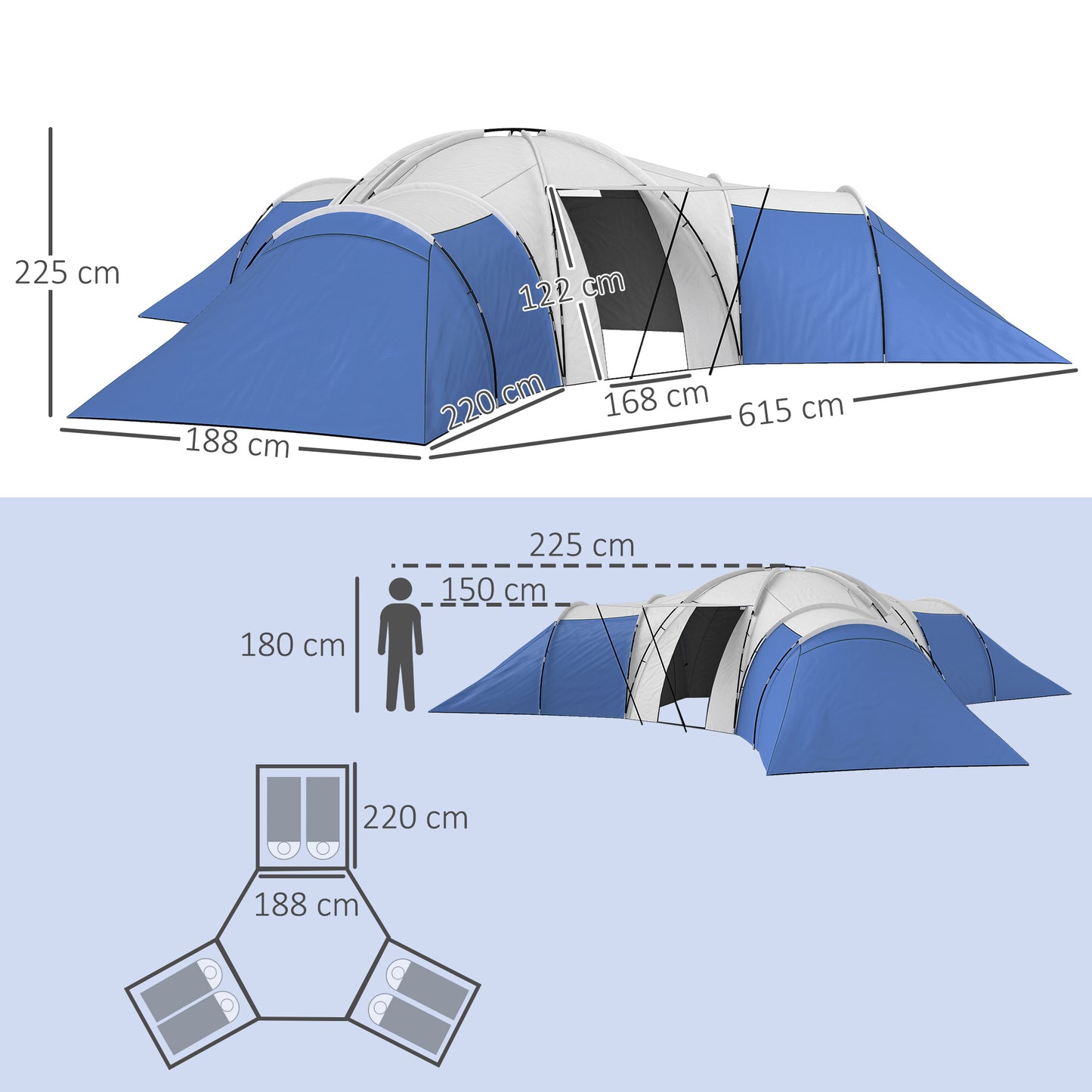 6-9 Man Tent with Bedrooms and Living Room, Accessories Included