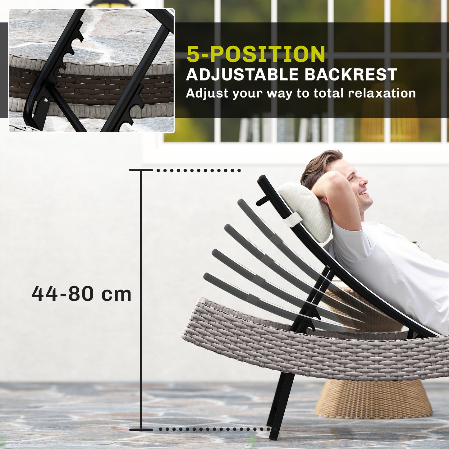 Rattan Sun Lounger, Garden Recliner with 5 Position Adjustable Back