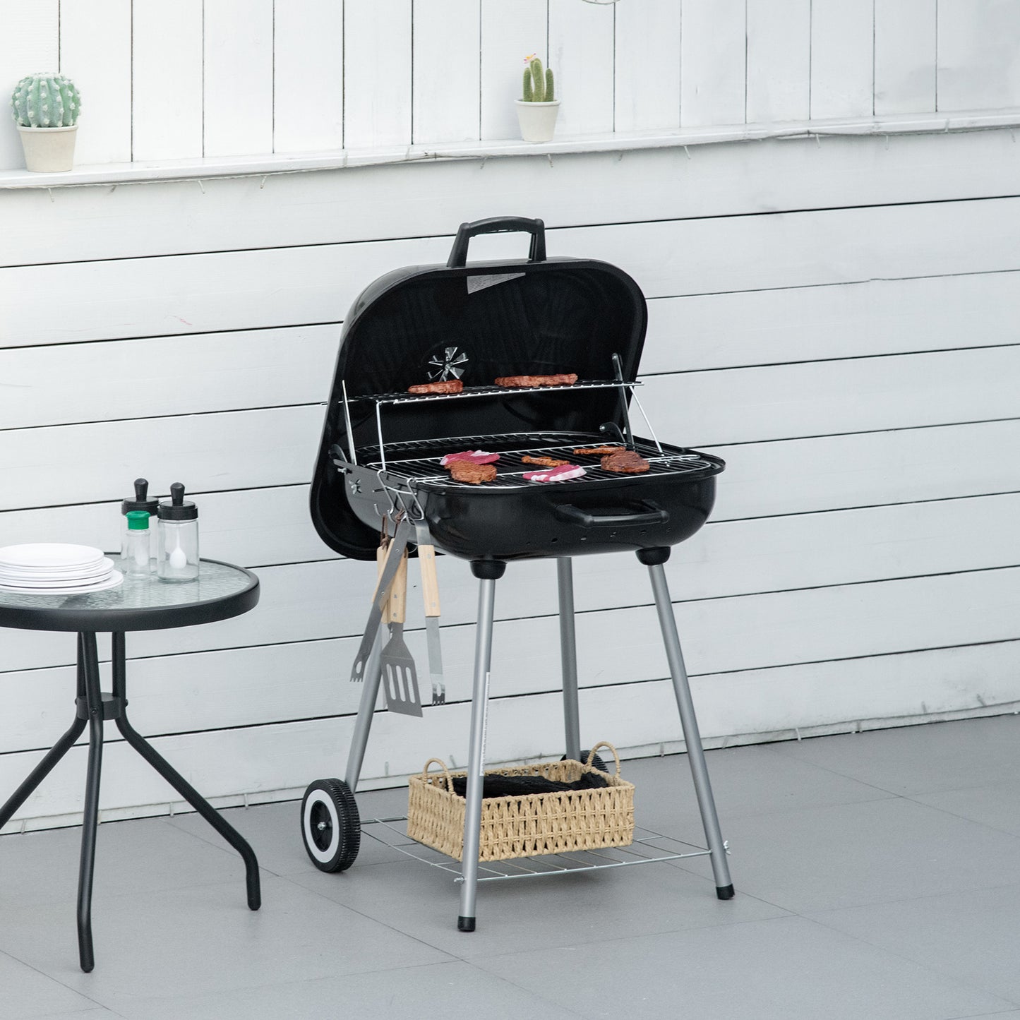 Portable BBQ Charcoal Grill with 2 Wheels and Cooking Utensils