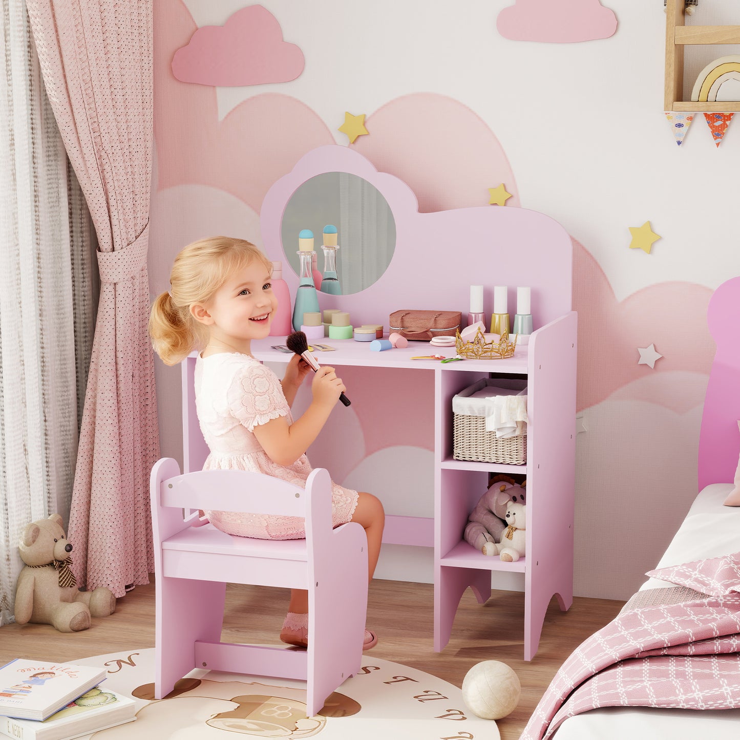 Kids Dressing Table with Mirror, Stool