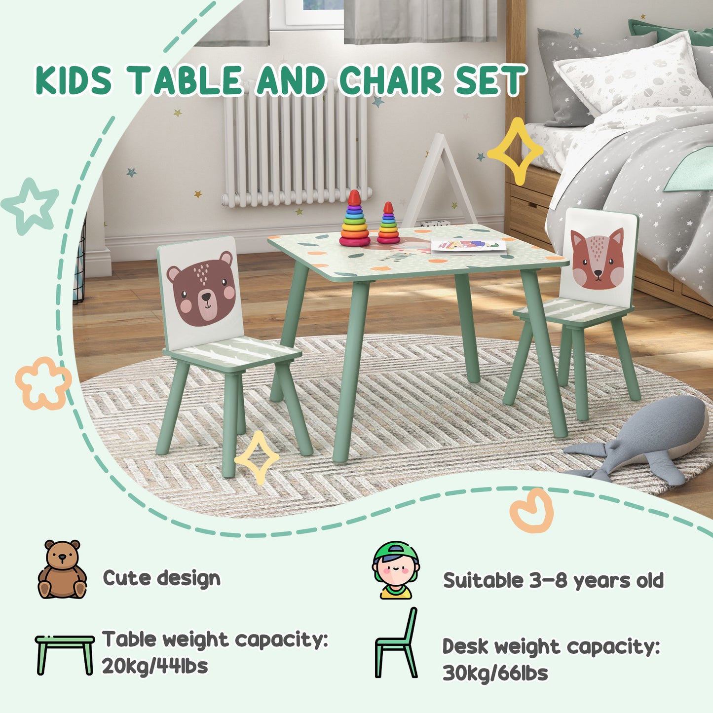 Kids and Table Chairs, Children Desk with Two Chairs
