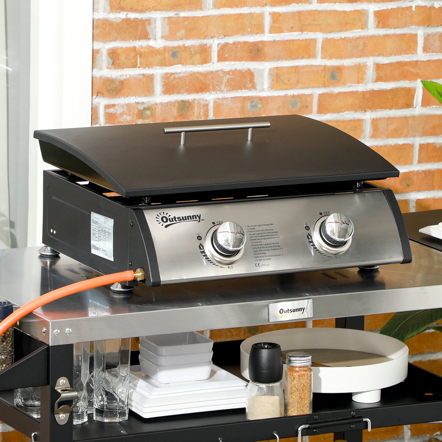 Portable Tabletop Gas Plancha Grill w/ 2 Stainless Steel Burner, 5kW