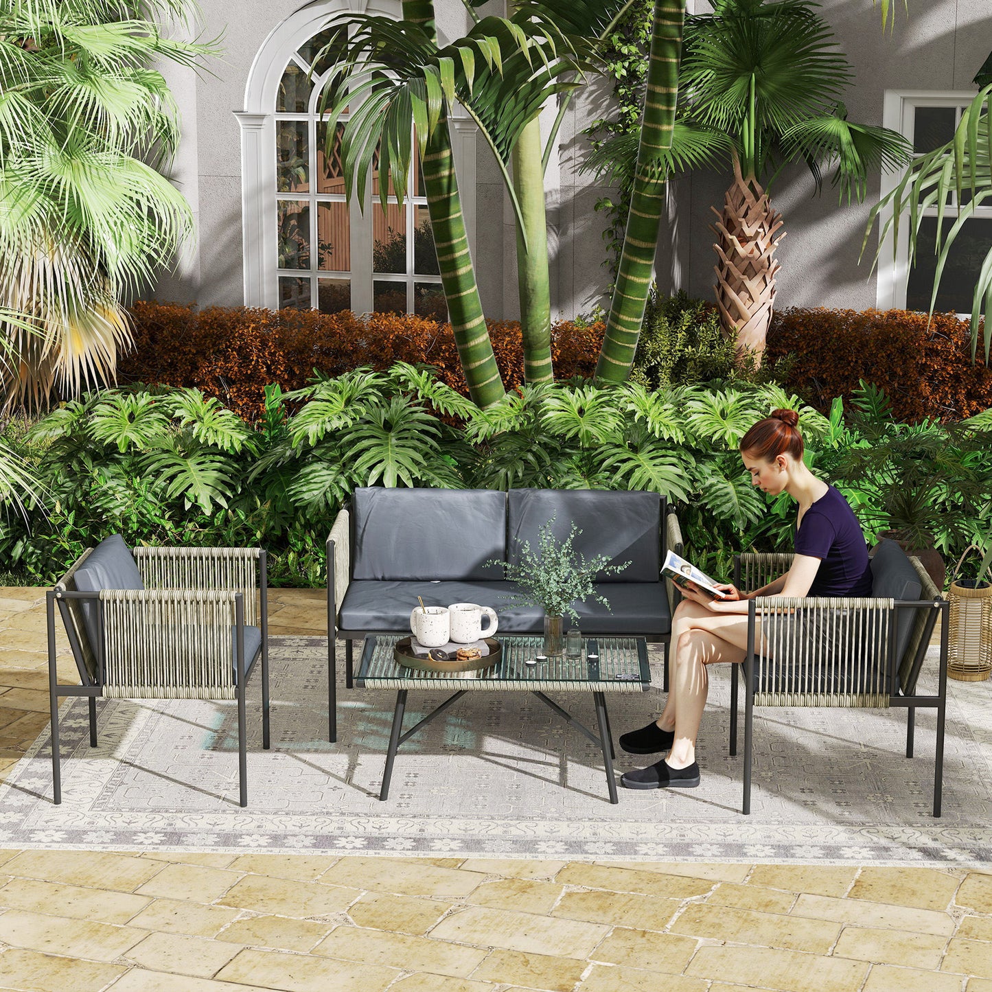 Four-Piece Round Rattan Rope Sofa Set