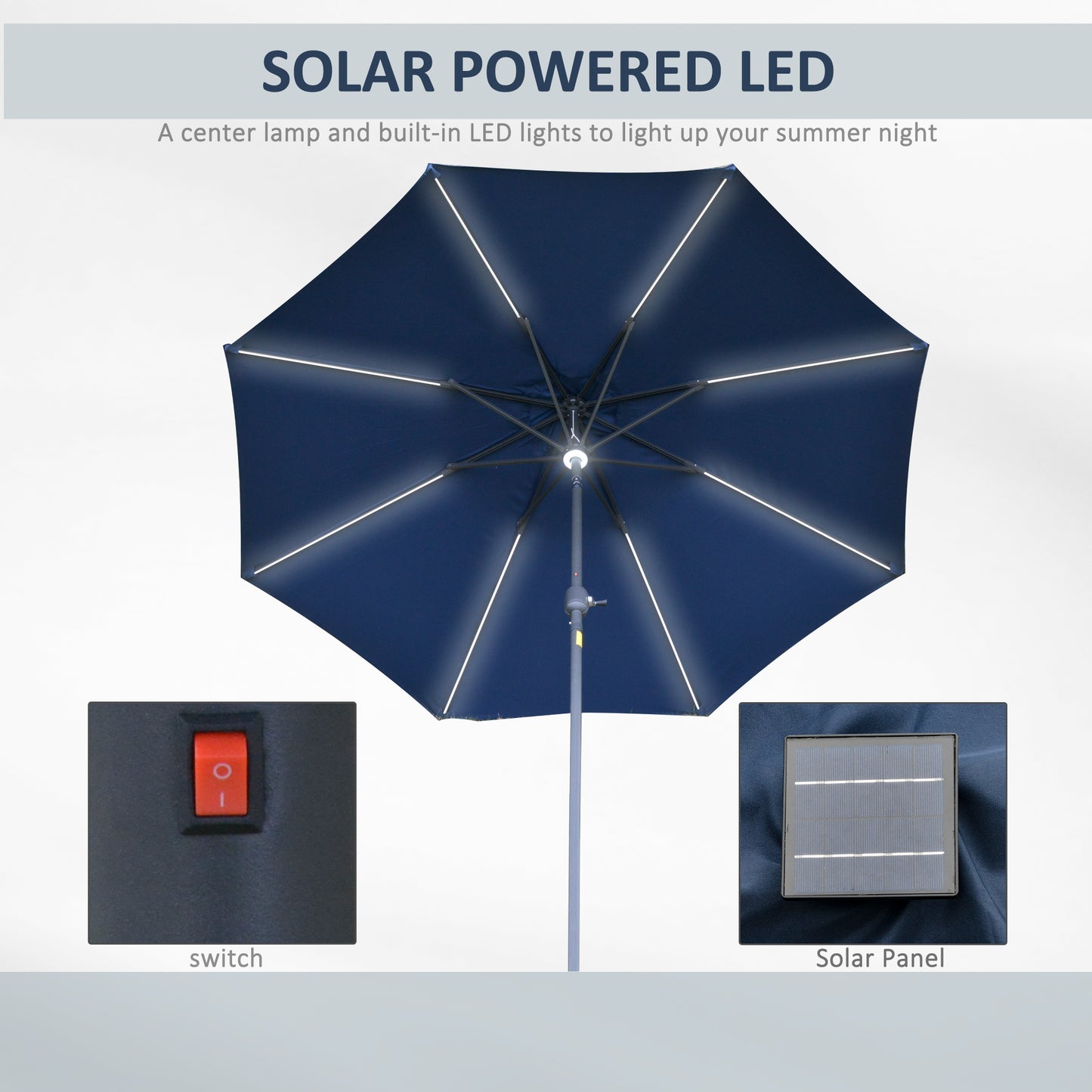 2.7m Garden Parasol Sun Umbrella w/ LED Solar Light Angled Canopy
