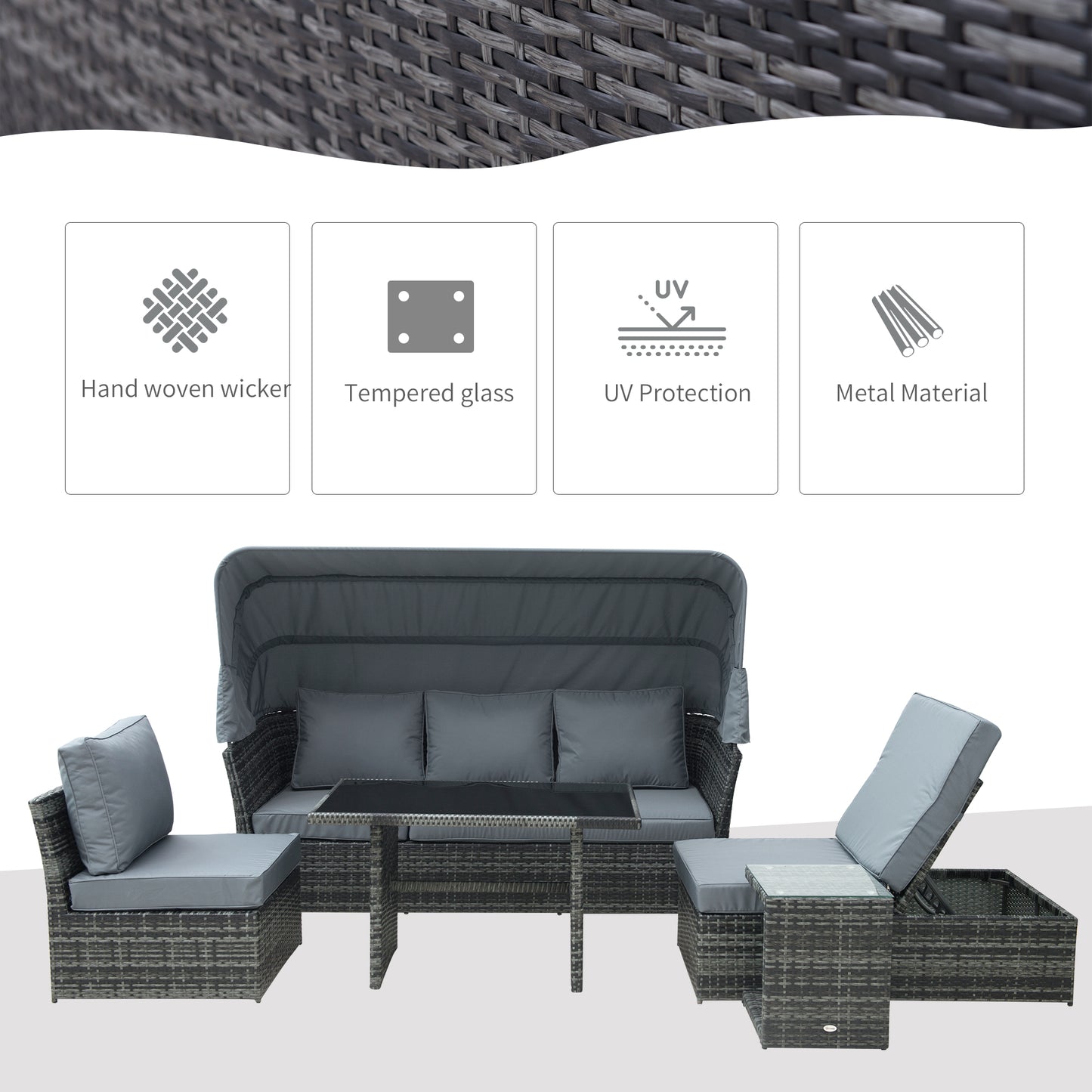5 PCS Outdoor Rattan Wicker Sofa Sets Reclining Sofa Adjustable