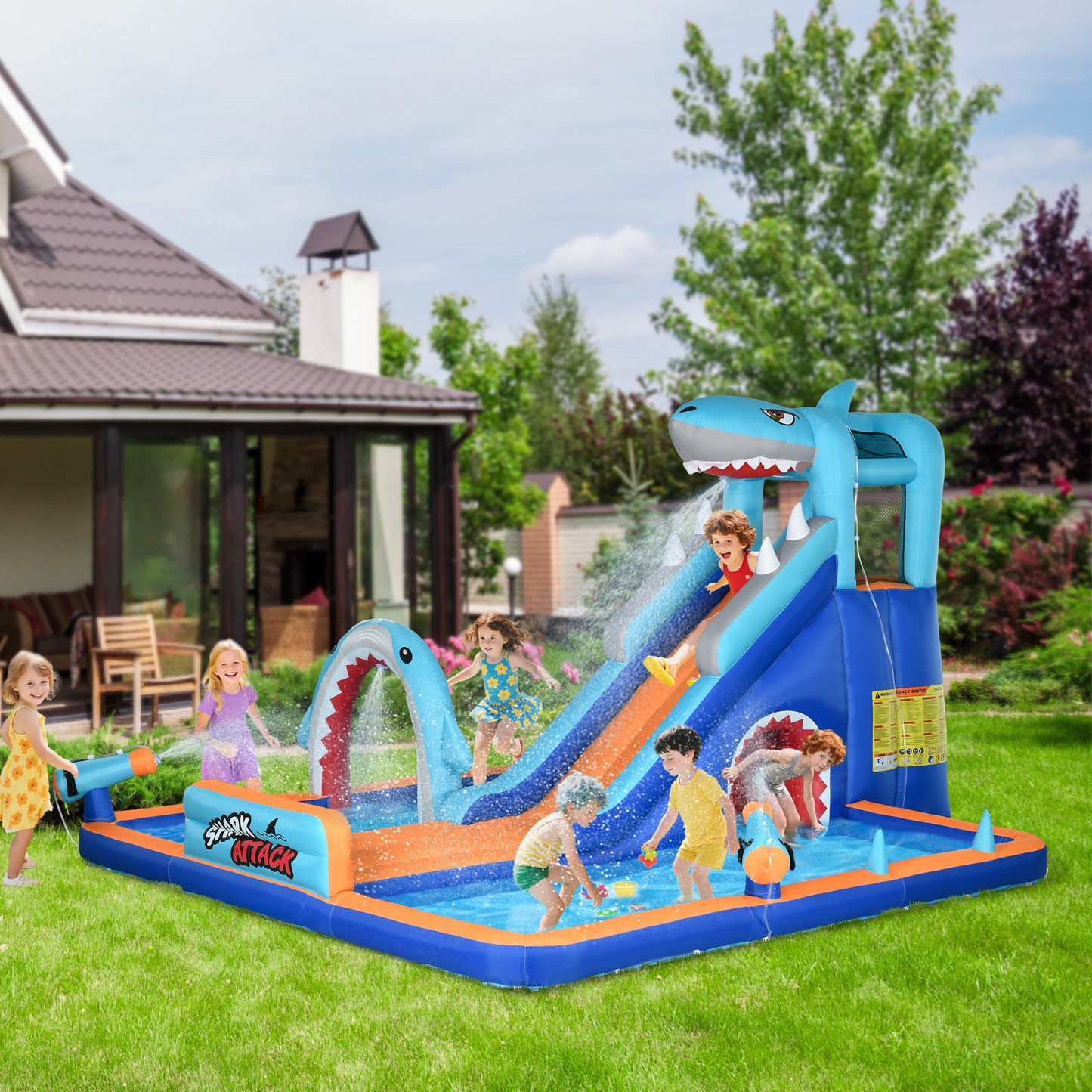 6 in 1 Shark-Themed Bouncy Castle, Inflatable Water Park, with Slide