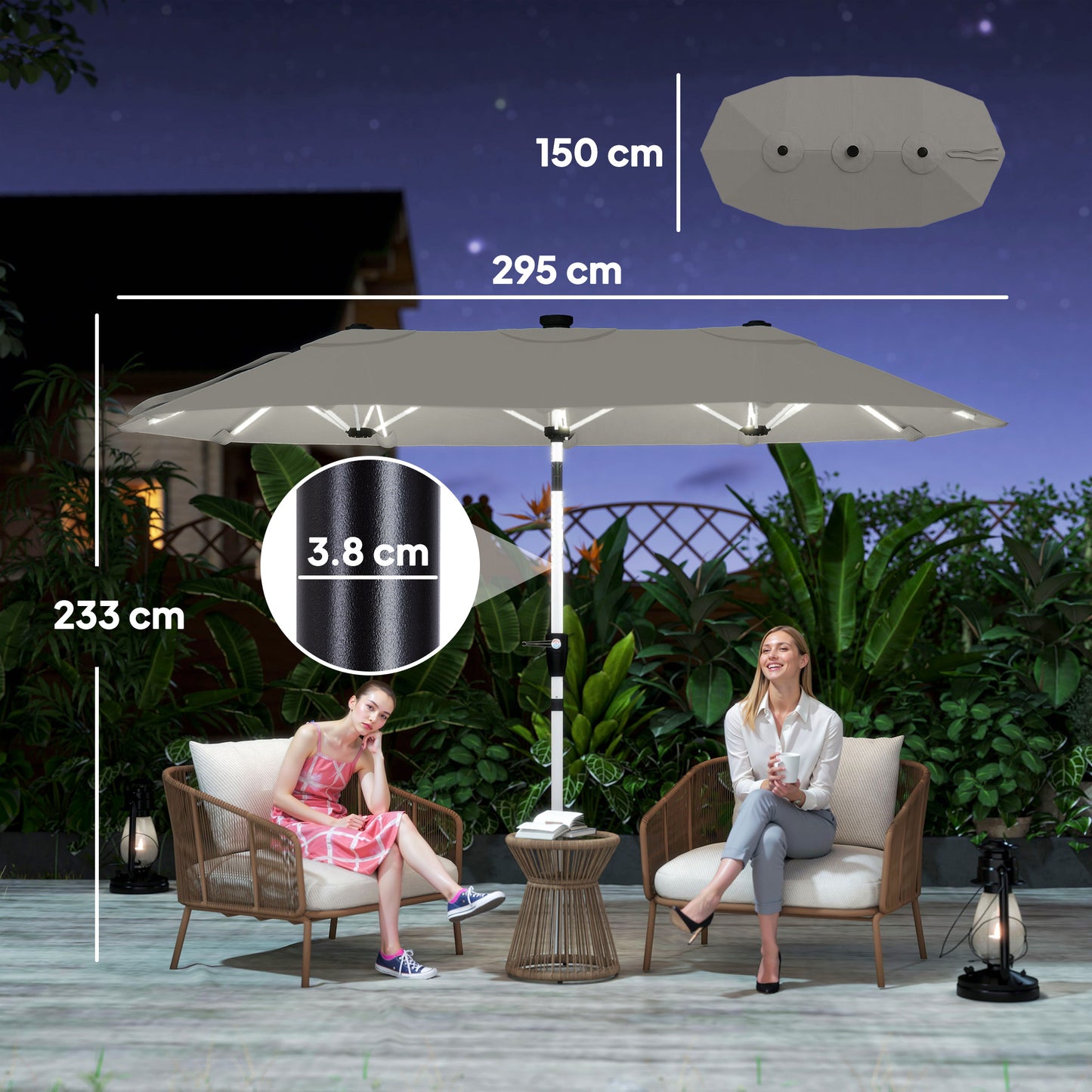 3 m Double-Sided Garden Parasol with LED Solar Lights