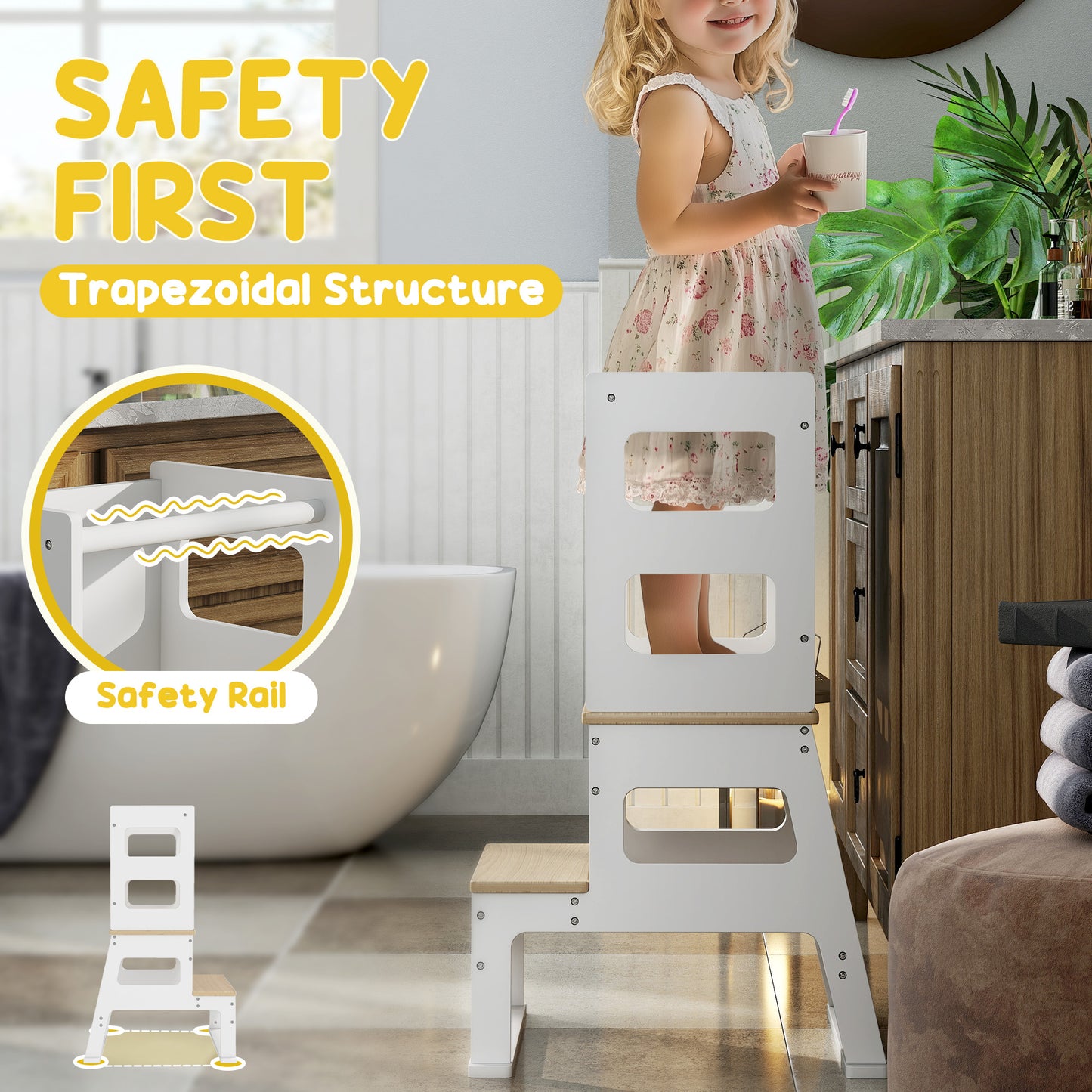 2-in-1 Toddler Tower with Chalkboard, Safety Rail for Kitchen