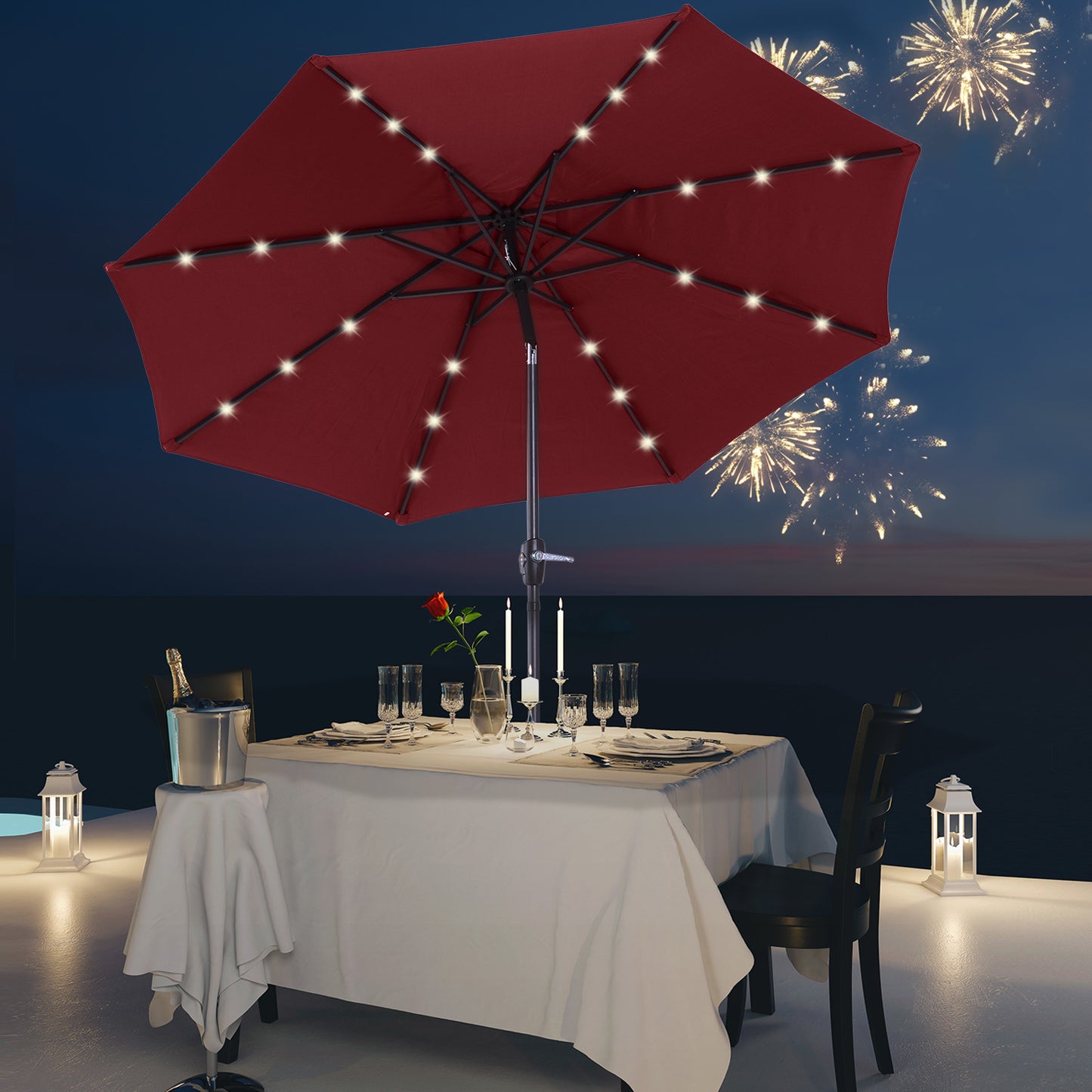 Φ2.7m Garden 24 LED Light Parasol Solar Outdoor Tilt Sun Umbrella