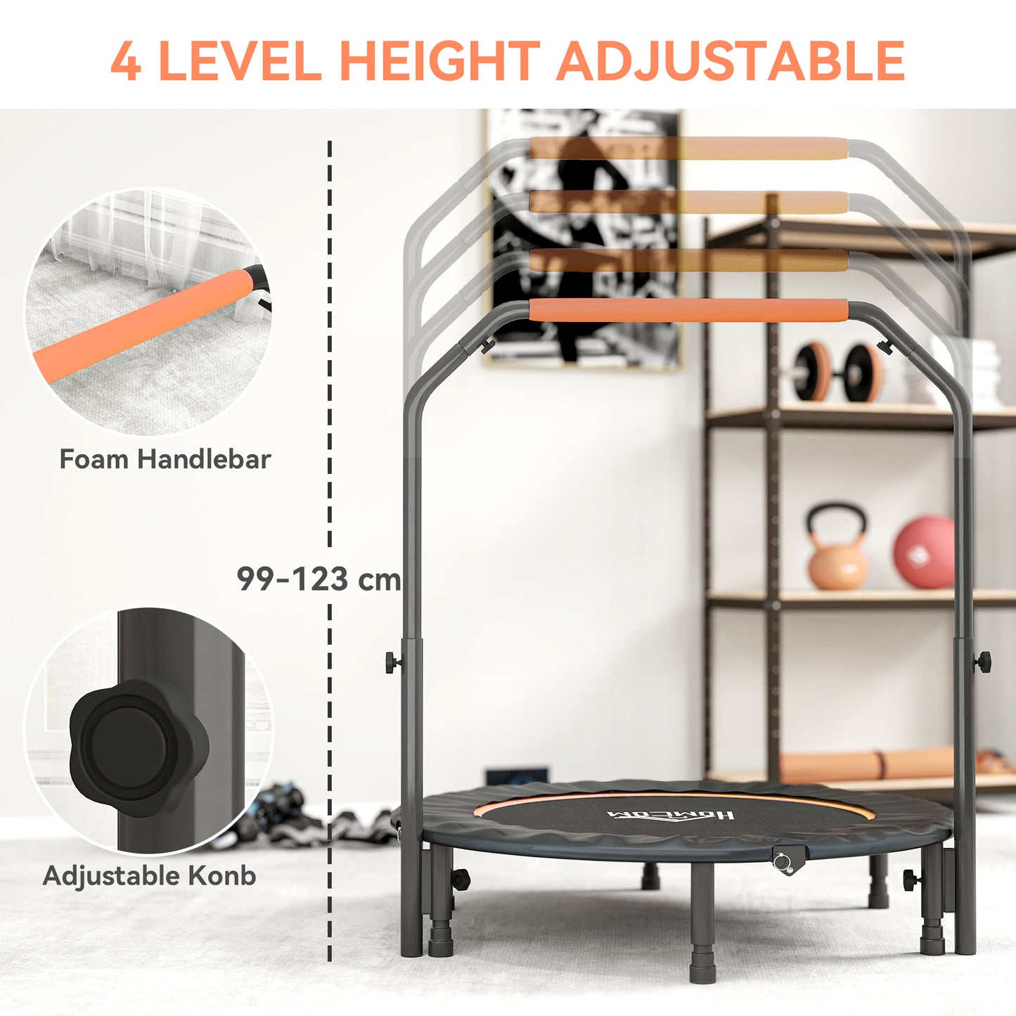 45" Foldable Mini Fitness Trampoline, with Adjustable Foam Handle
