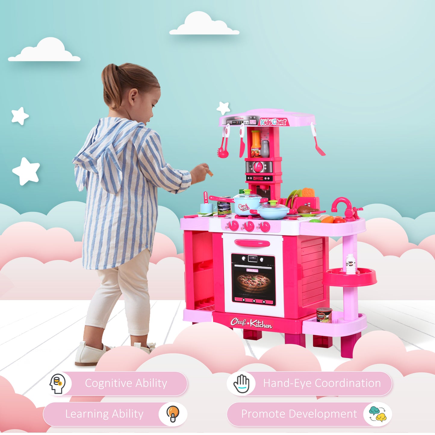 38 Pcs Kids Children Kitchen Play Set w/ Realistic Sounds Lights
