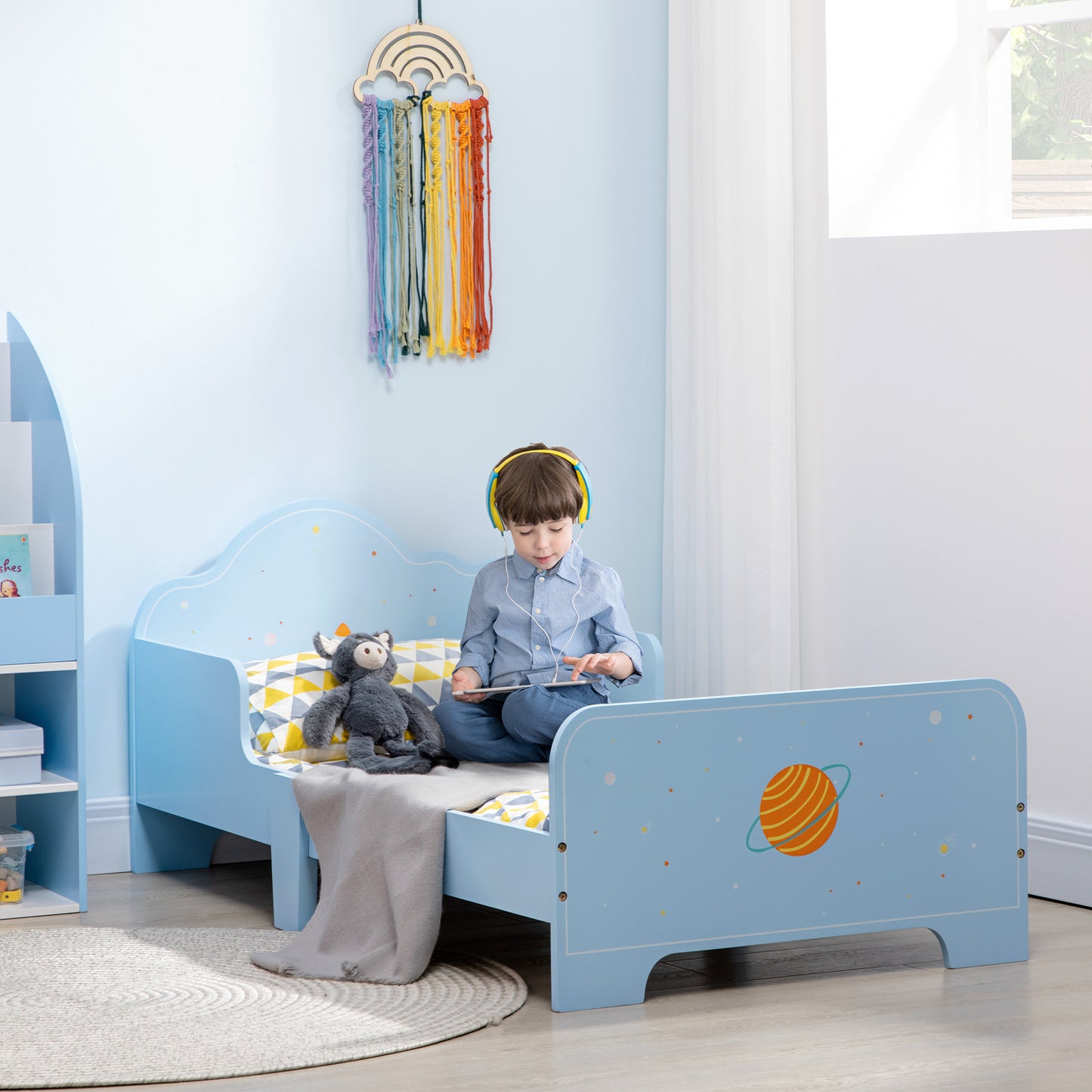 Space Themed Toddler Bed, Kids Bedroom Furniture, with Safety Rails