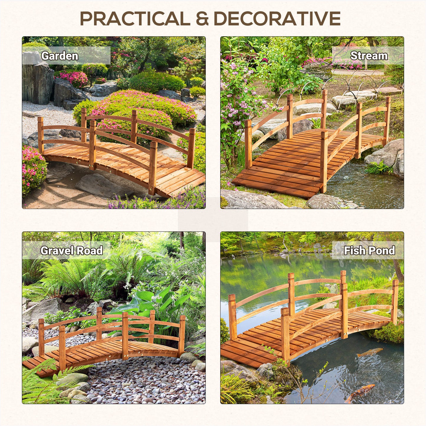 6FT Wooden Garden Bridge with Safety Railings