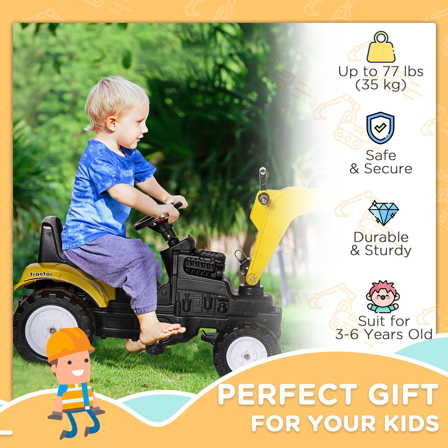 Kids Ride on Digger Pedal Go Kart Pretend Play Construction No