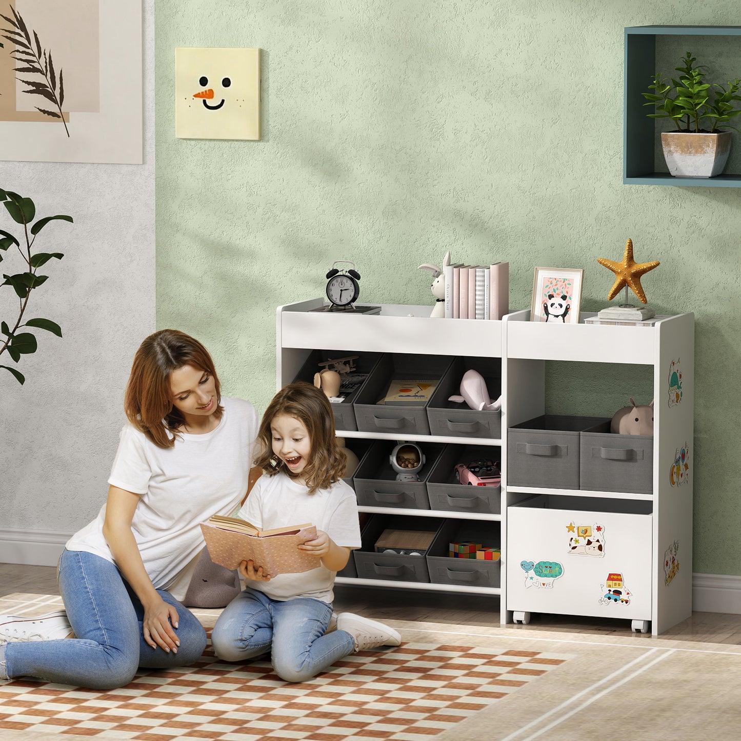 Kids Toy Storage Unit with 11 Bins, Cabinet, Top Shelves, 3 Stickers