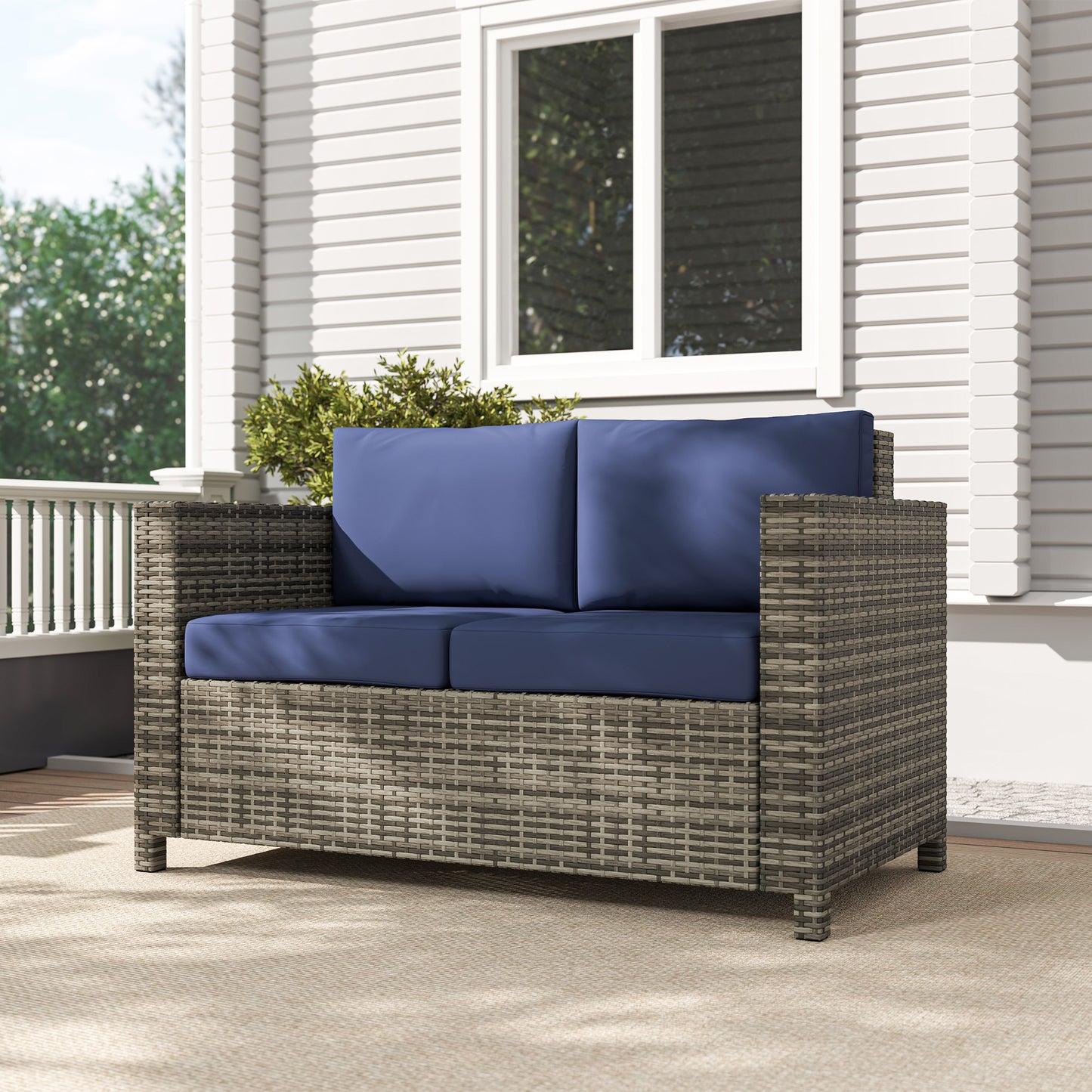 Rattan Sofa, 2 Seater Garden Furniture with Soft Padded Cushion