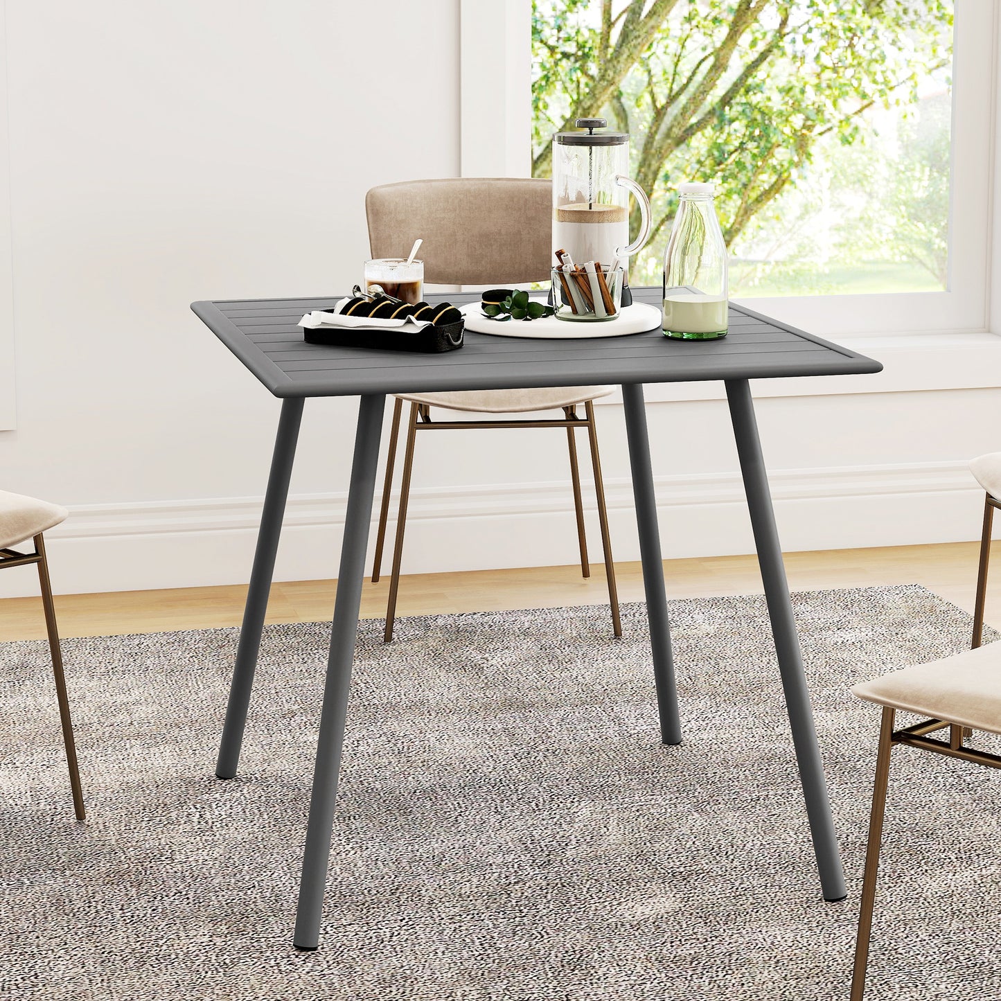 Square Garden Table with Slat Top, Steel Frame