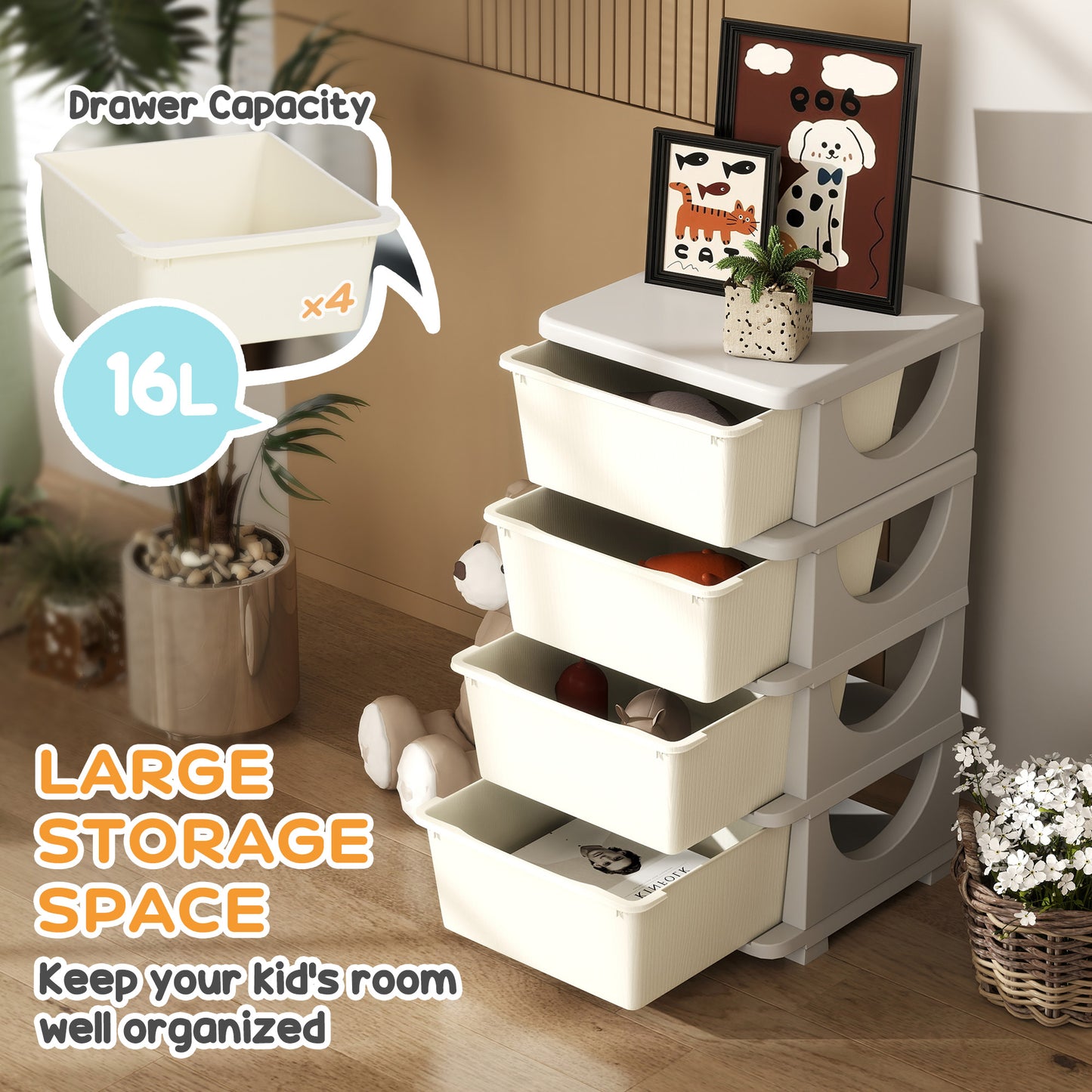 Four-Tier Kids Storage Boxes, with Four Drawers