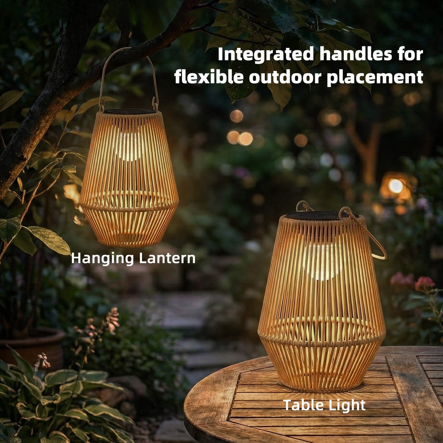 Hanging Solar Lanterns, 2 Pack Rattan Solar Lights with Handle