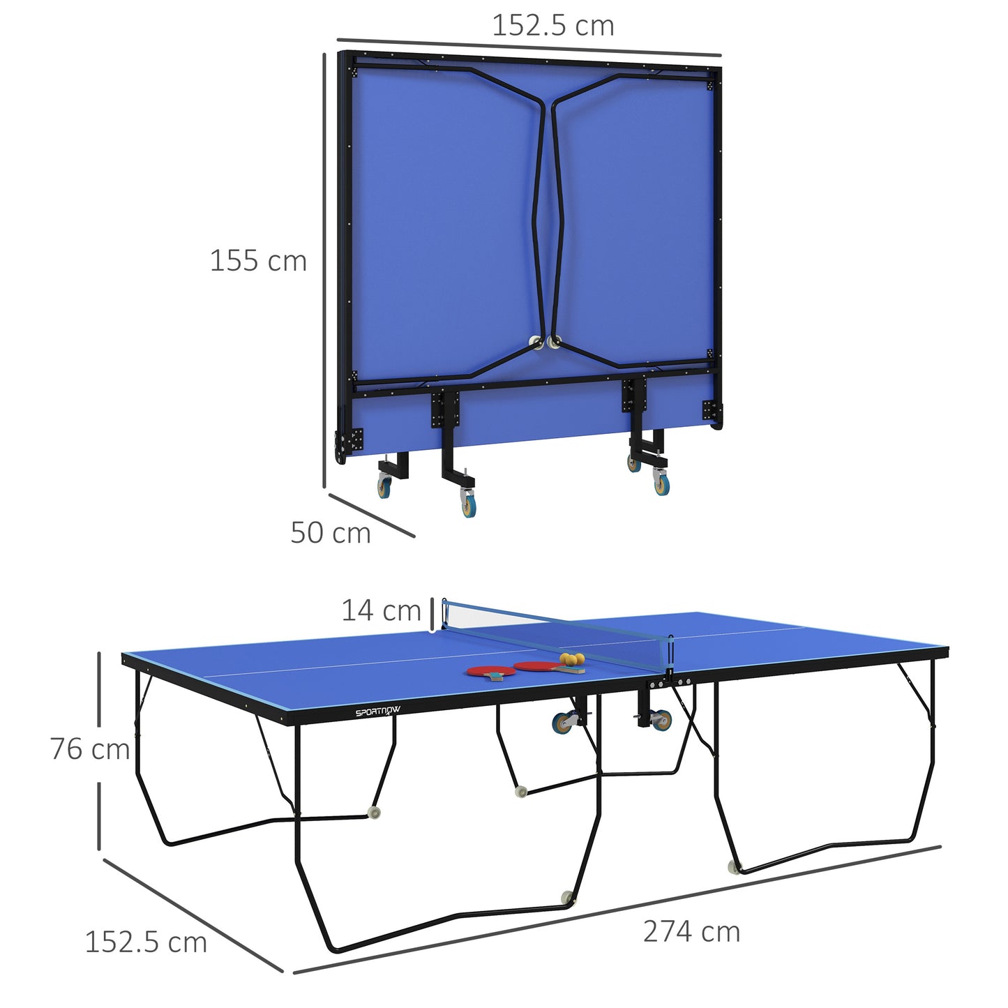 9FT Folding Tennis Table, with 8 Wheels, for Indoor Use