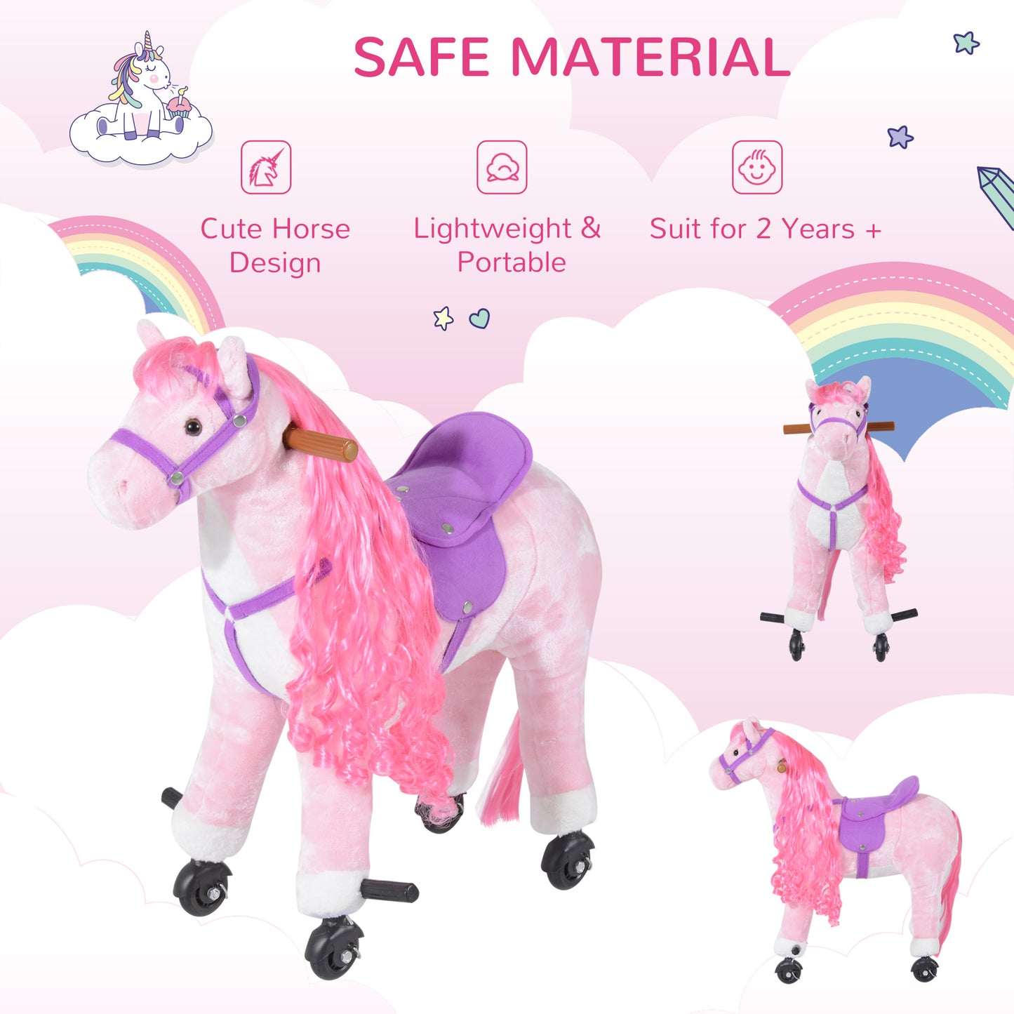 Plush Walking Horse Ride On Toy with Wheels