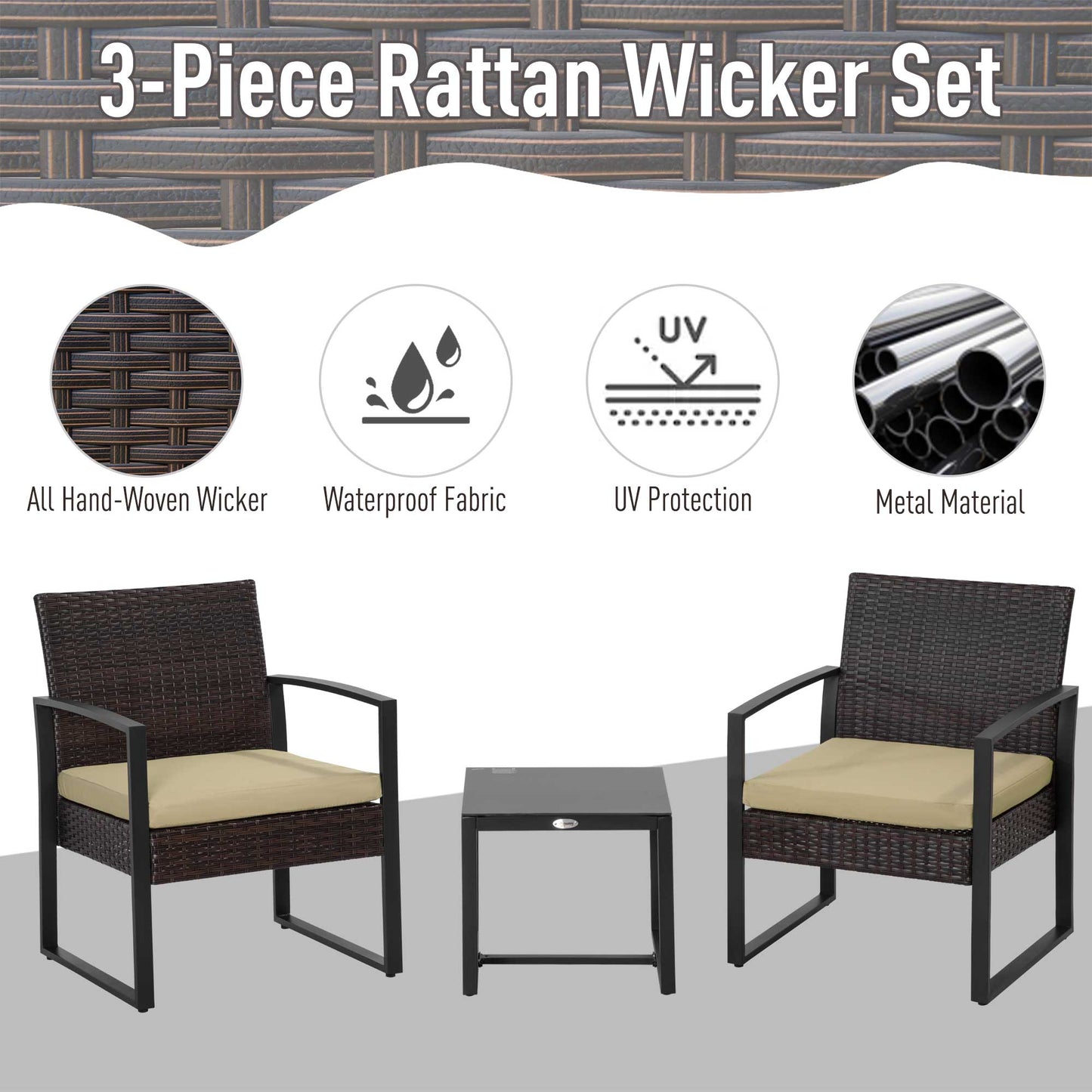 3 pcs PE Rattan Wicker Garden Furniture Patio Bistro Set Weave