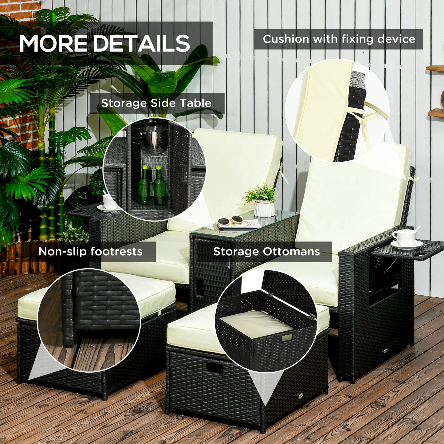 5PC PE Rattan Sun Lounger, Outdoor Wicker 5-level Adjustable