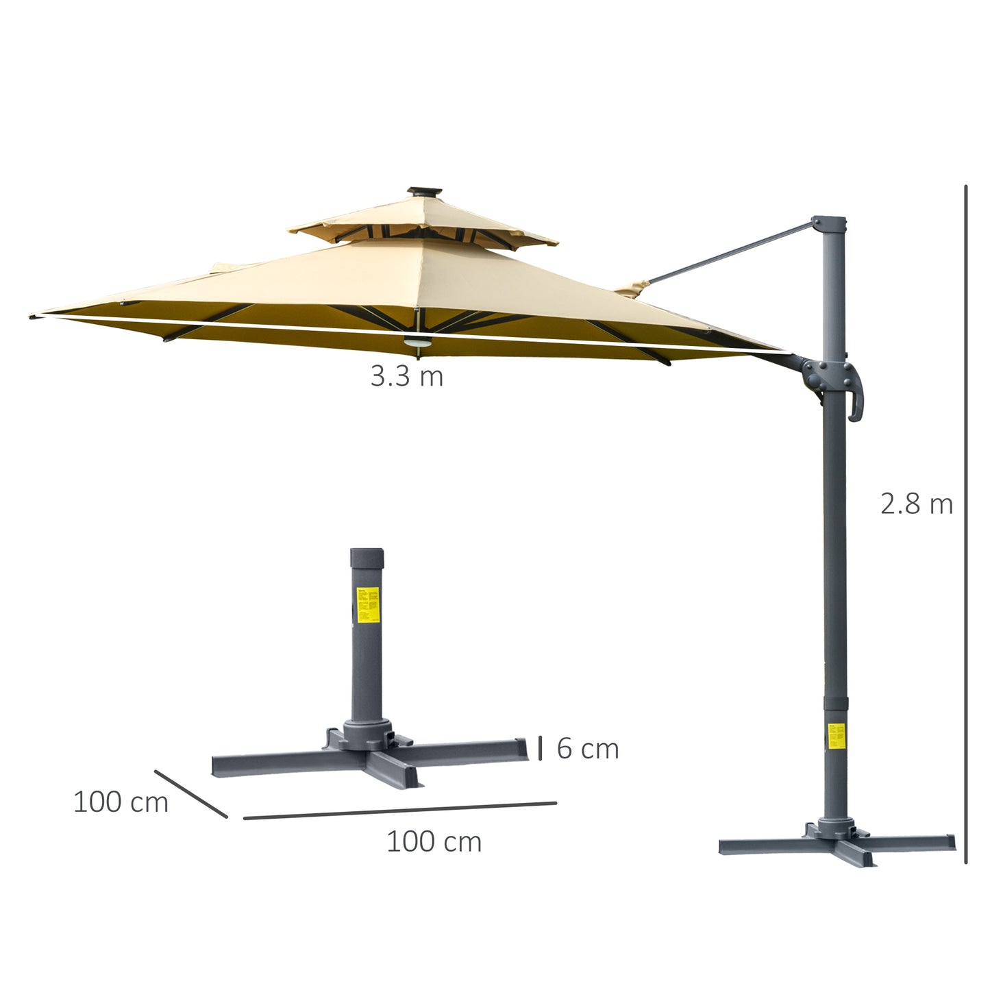 3m Cantilever Parasol with Solar Lights, Power Bank Base 360° Spin