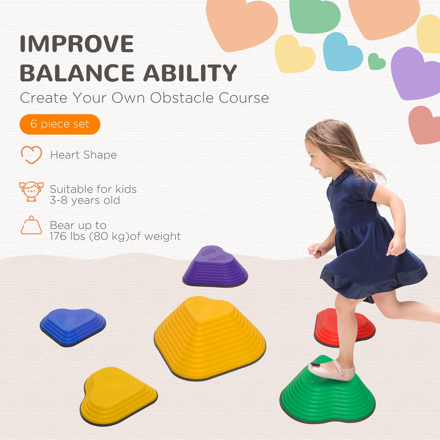 6-Piece Heart-Shaped Kids Balance Stepping Stones and Motor Skills