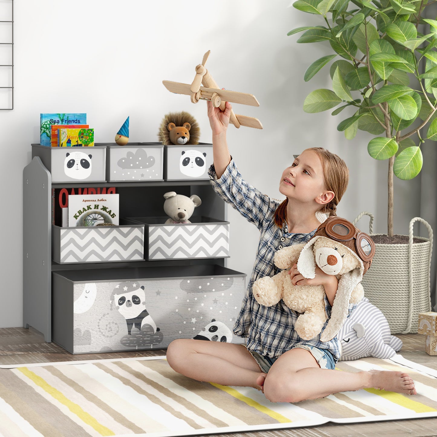 Kids Storage Unit, Toy Storage Organiser, with Six Fabric Bins
