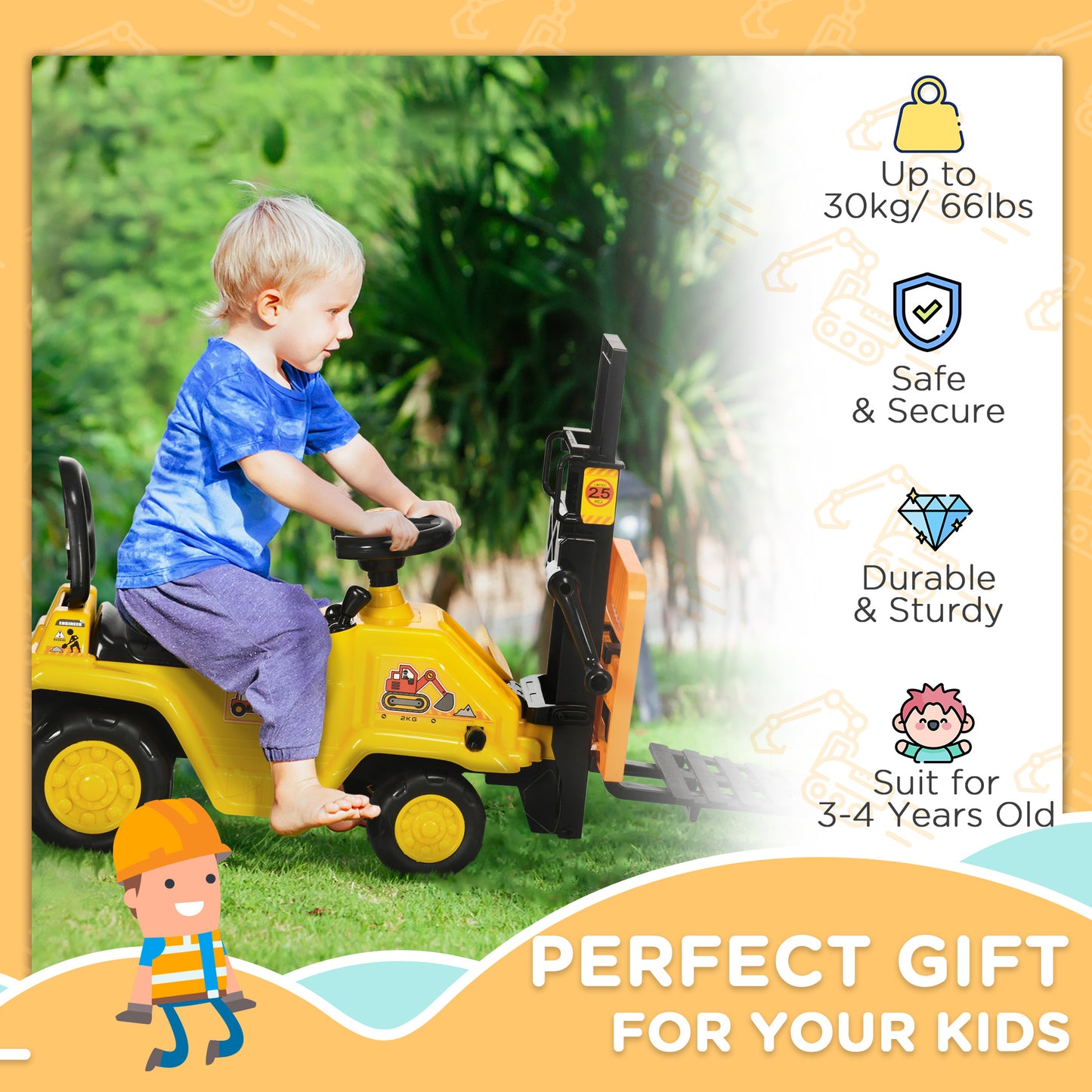 Kids Ride-On Construction Car, with Fork, Tray, Sounds