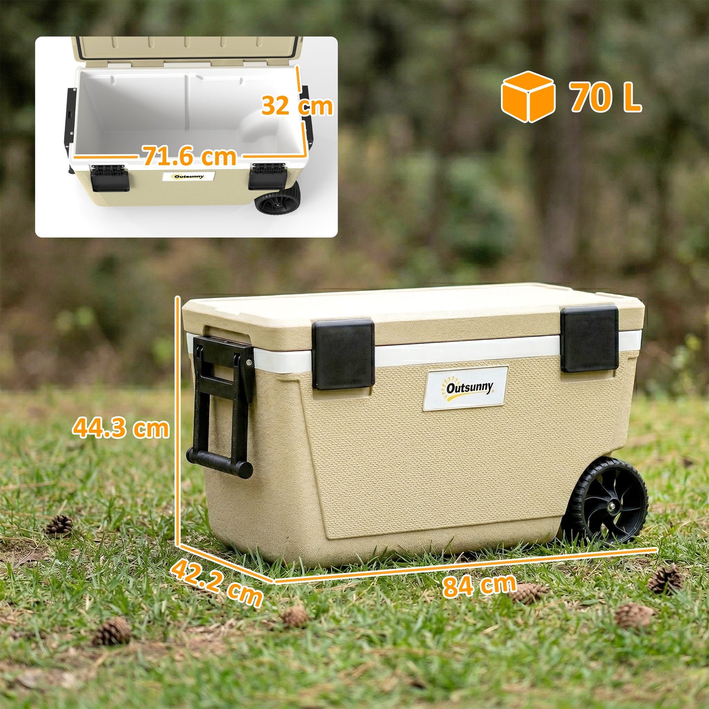 70L Insulated Cool Box with Wheels, Portable Ice Cooler with Handle