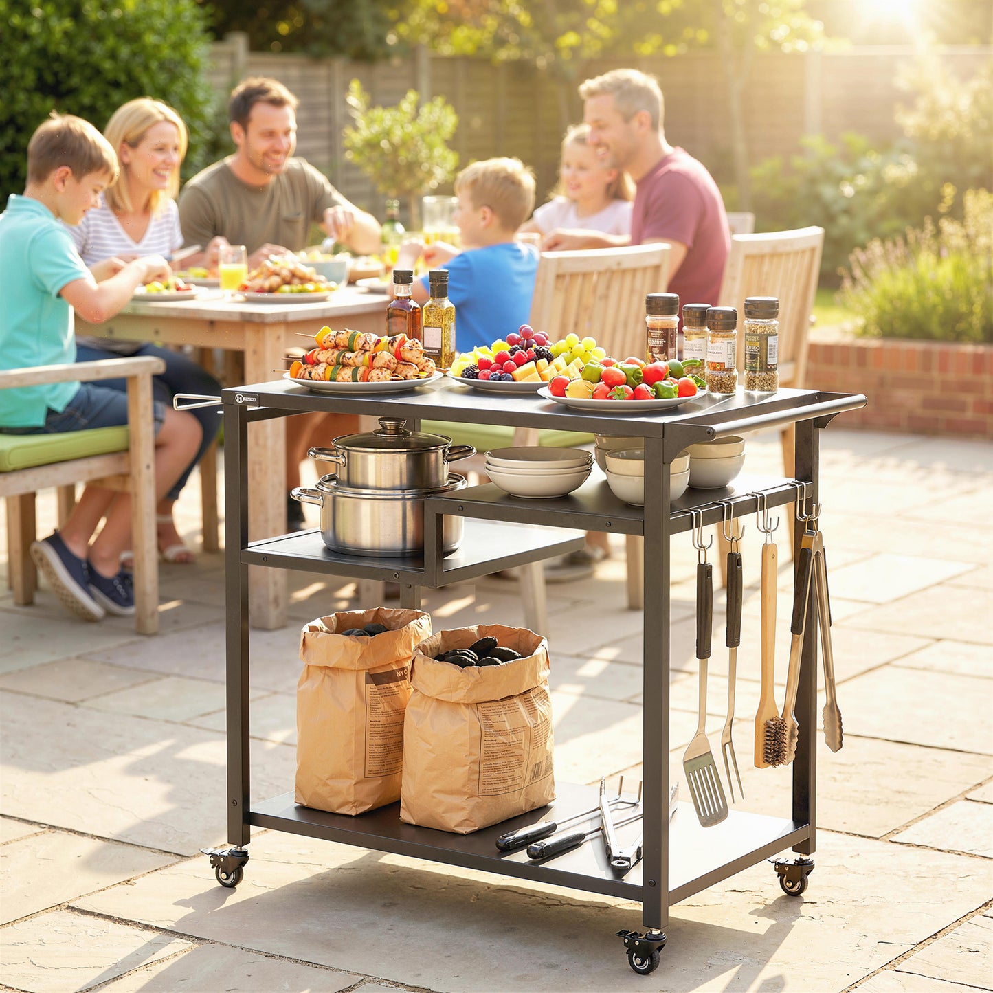 Outdoor Grill Cart, Three-Tier Pizza Oven Stand  with Steel Tabletop