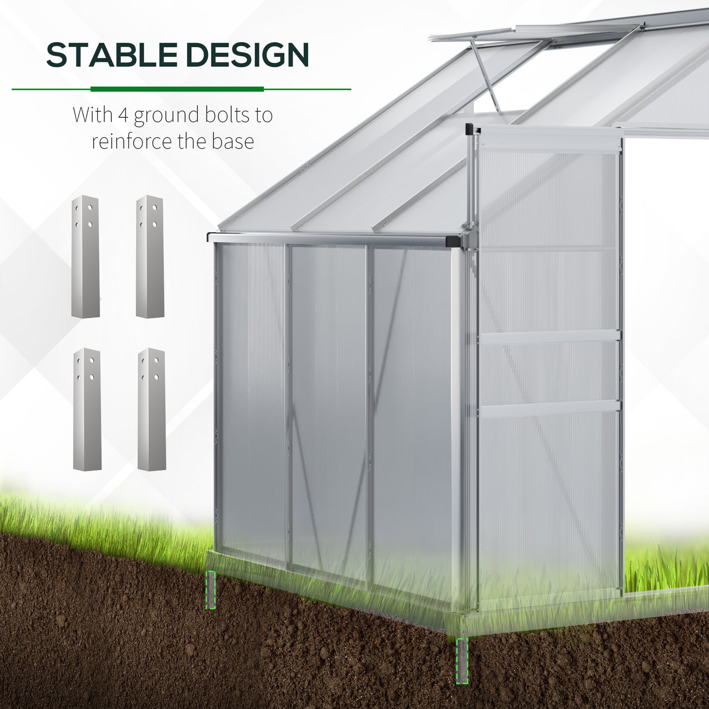 6 x 4ft Lean to Wall Polycarbonate Greenhouse Aluminium Walk-in