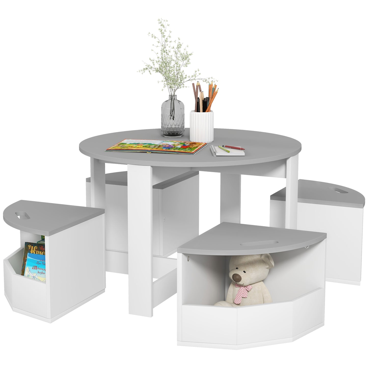 Five-Piece Kids Table and Chairs Set with Storage, for Ages 3-8 Years