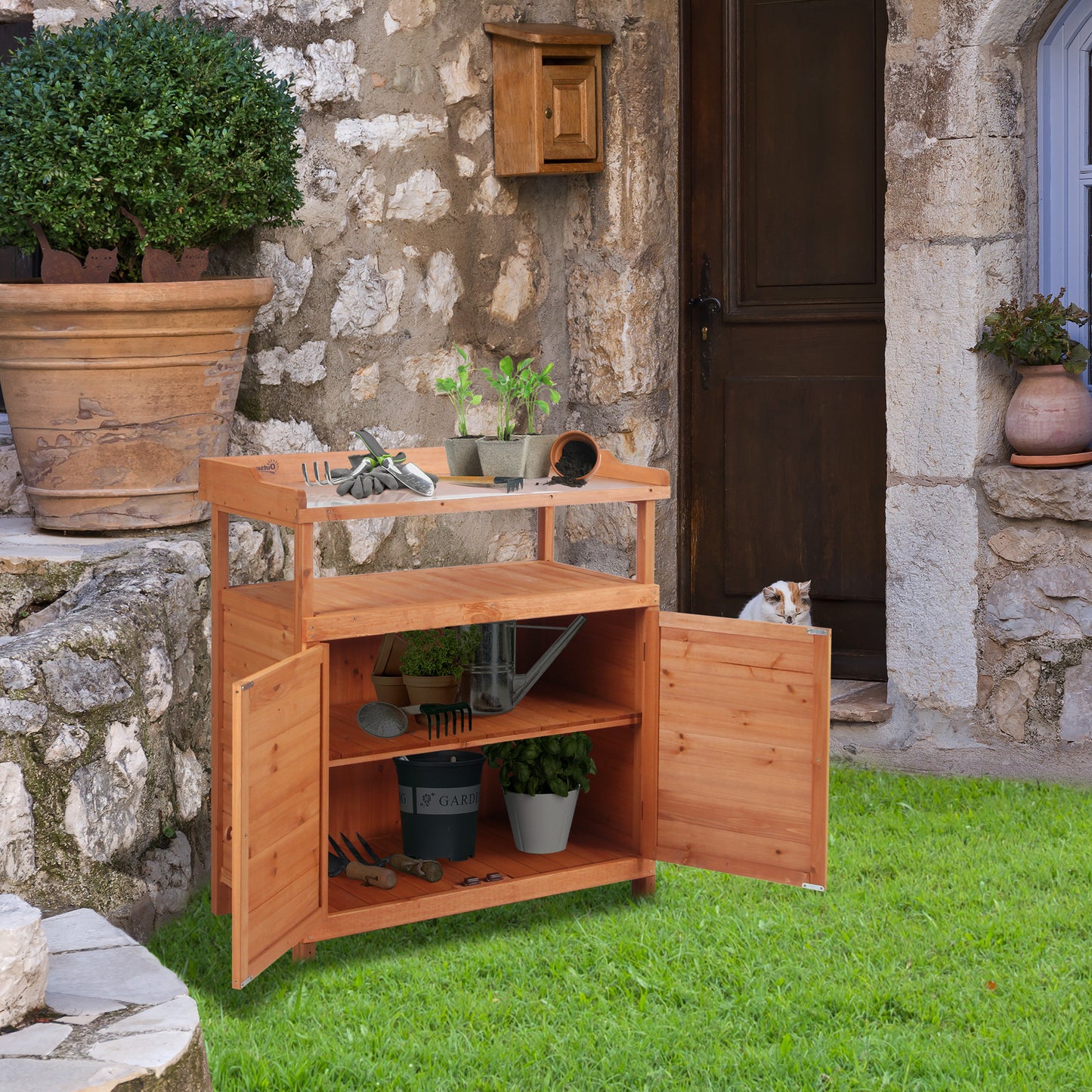 Multi-function Potting Bench Table w/ Storage Cabinet