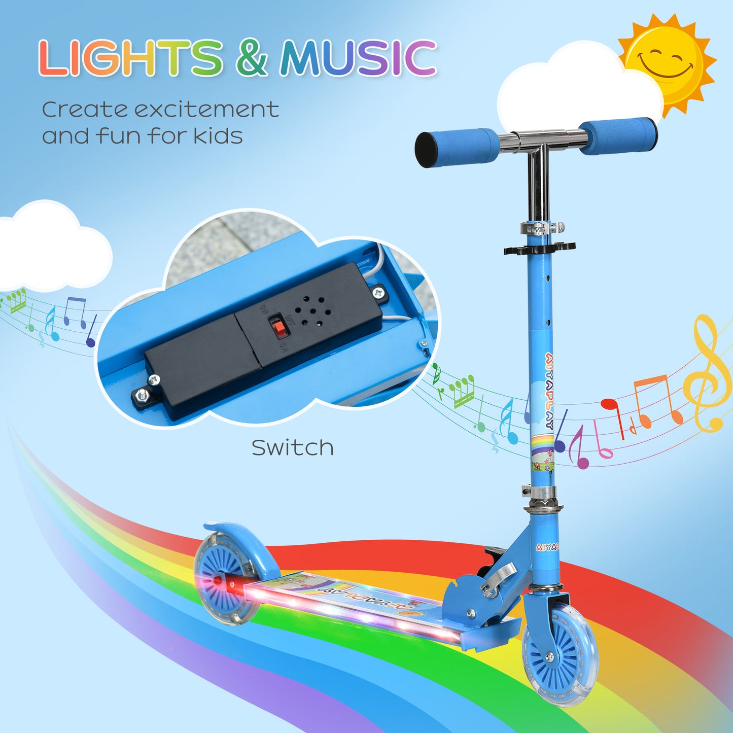 Kids Scooter, with Lights, Music, Adjustable Height, Foldable Frame
