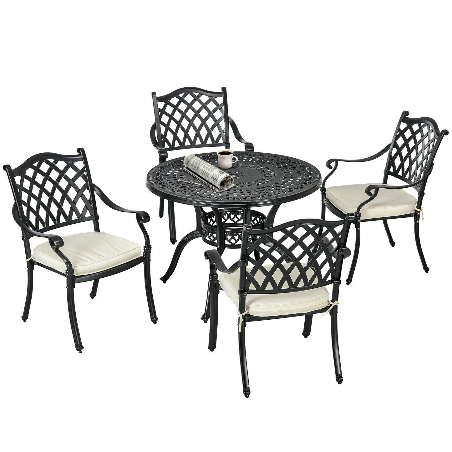 Cast Aluminium 4 Seater Outdoor Dining Set with Cushions Parasol Hole
