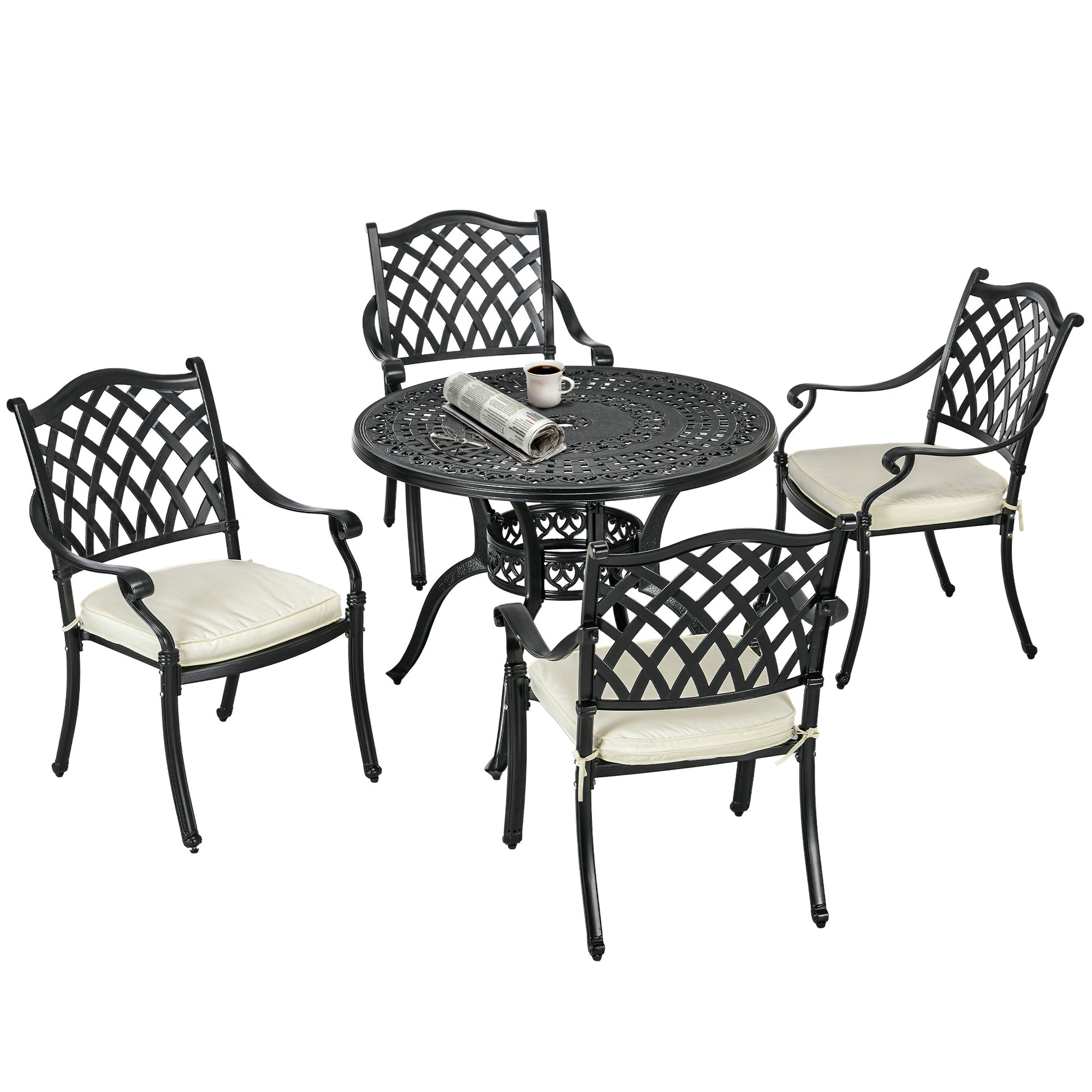 Cast Aluminium 4 Seater Outdoor Dining Set with Cushions Parasol Hole