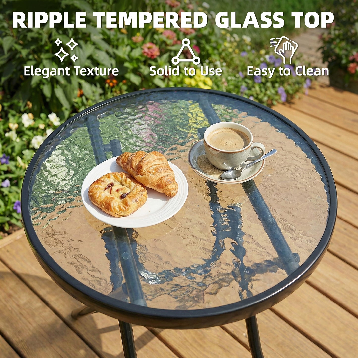 Foldable Garden Table, Round Folding Table with Glass Tabletop