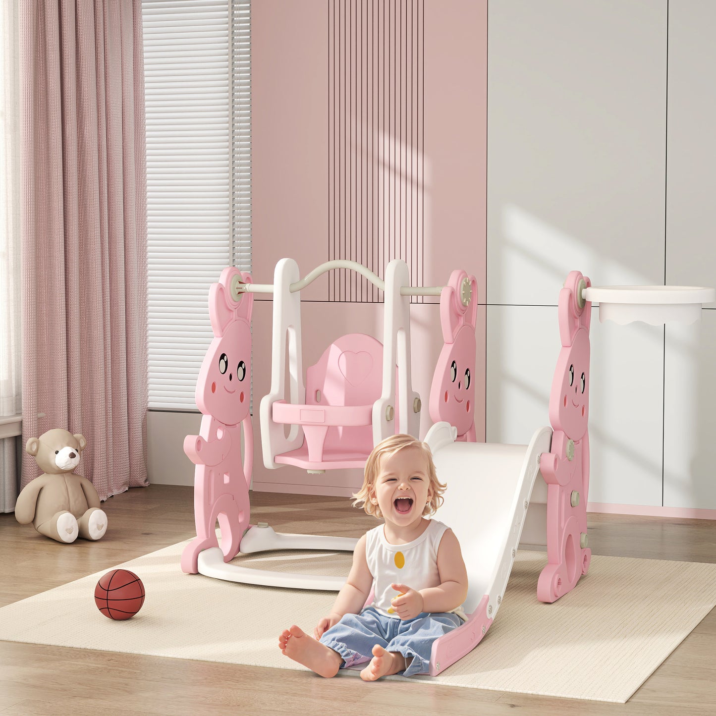 4 in 1 Kids Slide and Swing Set with Climber, Basketball Hoop