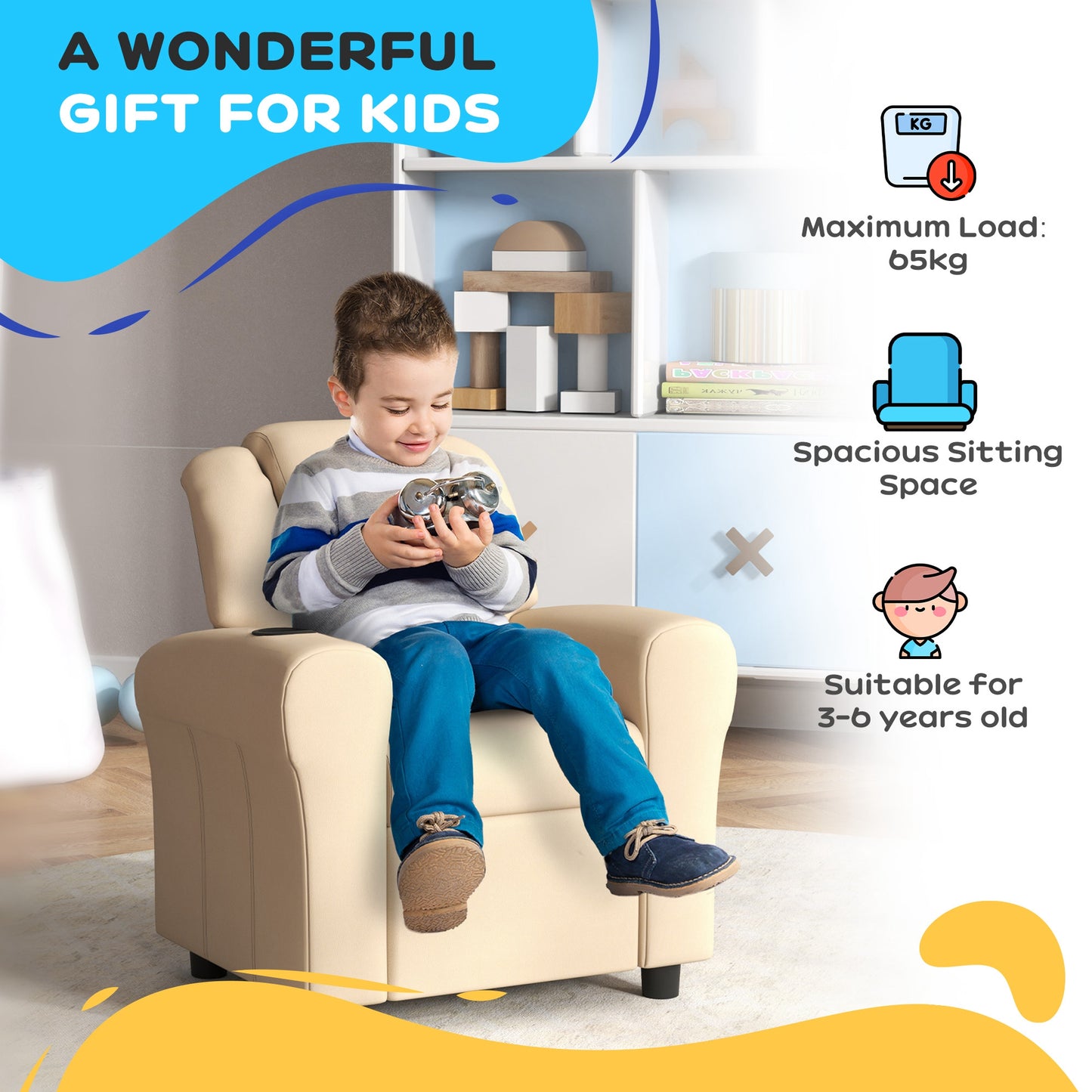 Kids Recliner Chair, PU Leather with Adjustable Backrest, Footrest