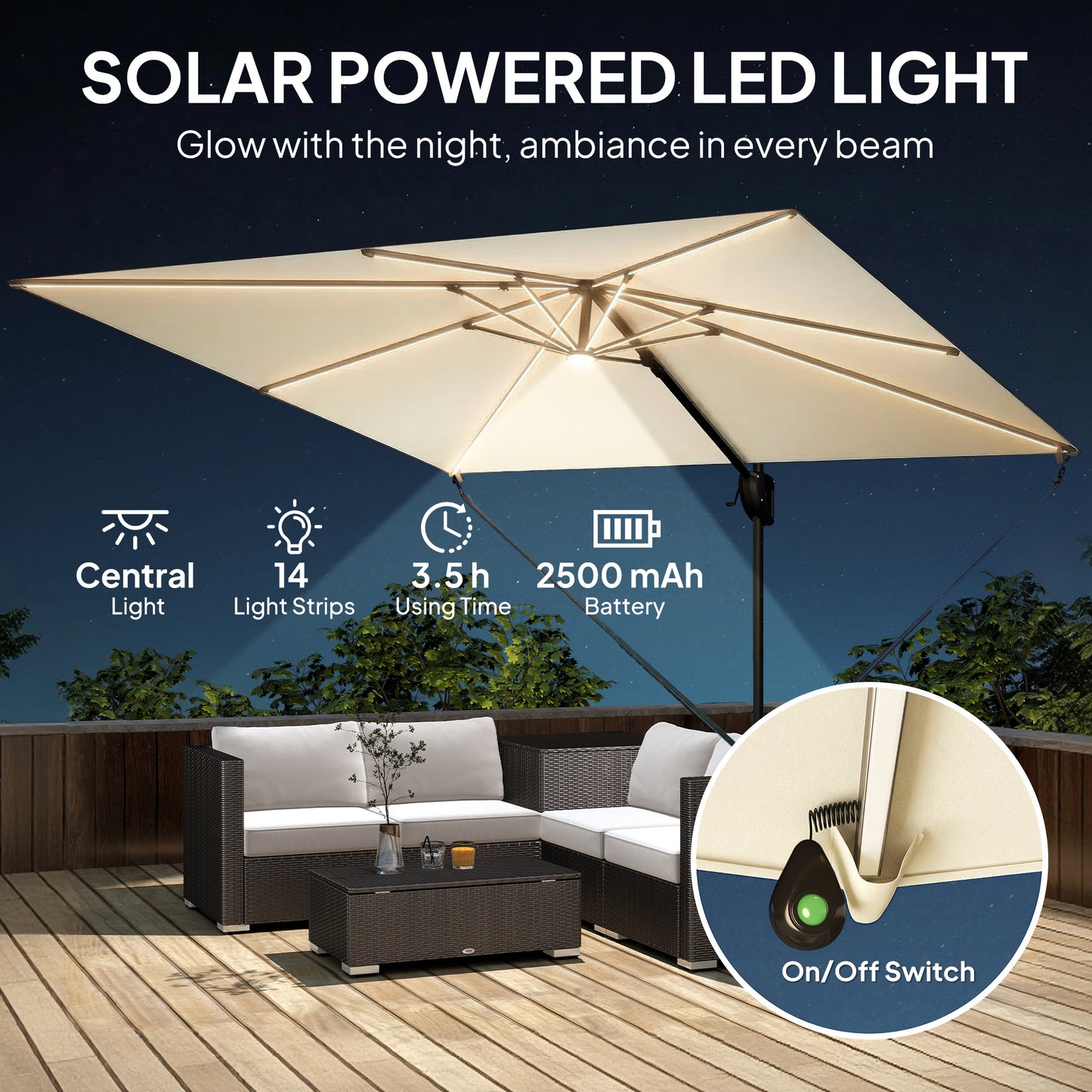 3 x 3 m Garden Cantilever Parasol w/ Light, Cover