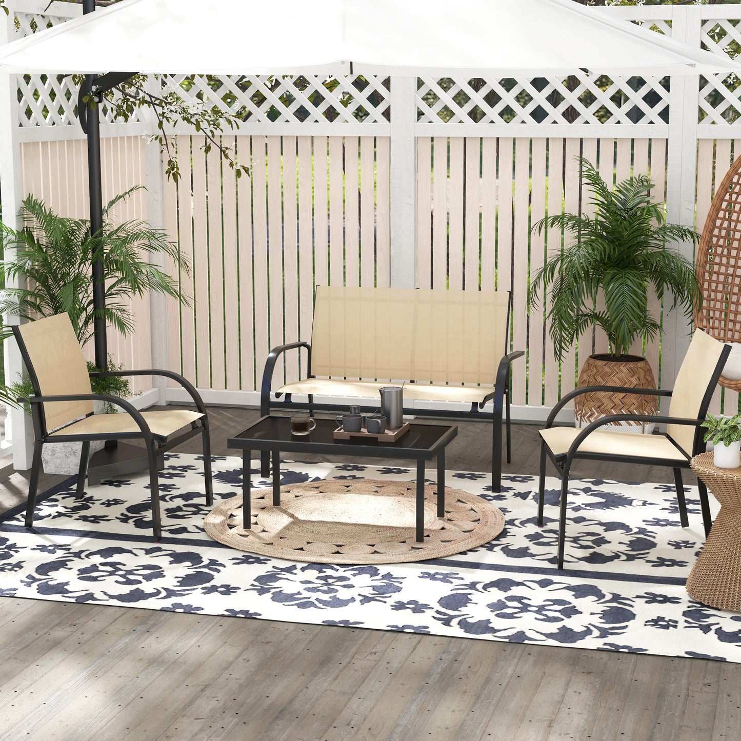 Four-Piece Curved Steel Garden Dining Set  - Beige/Grey