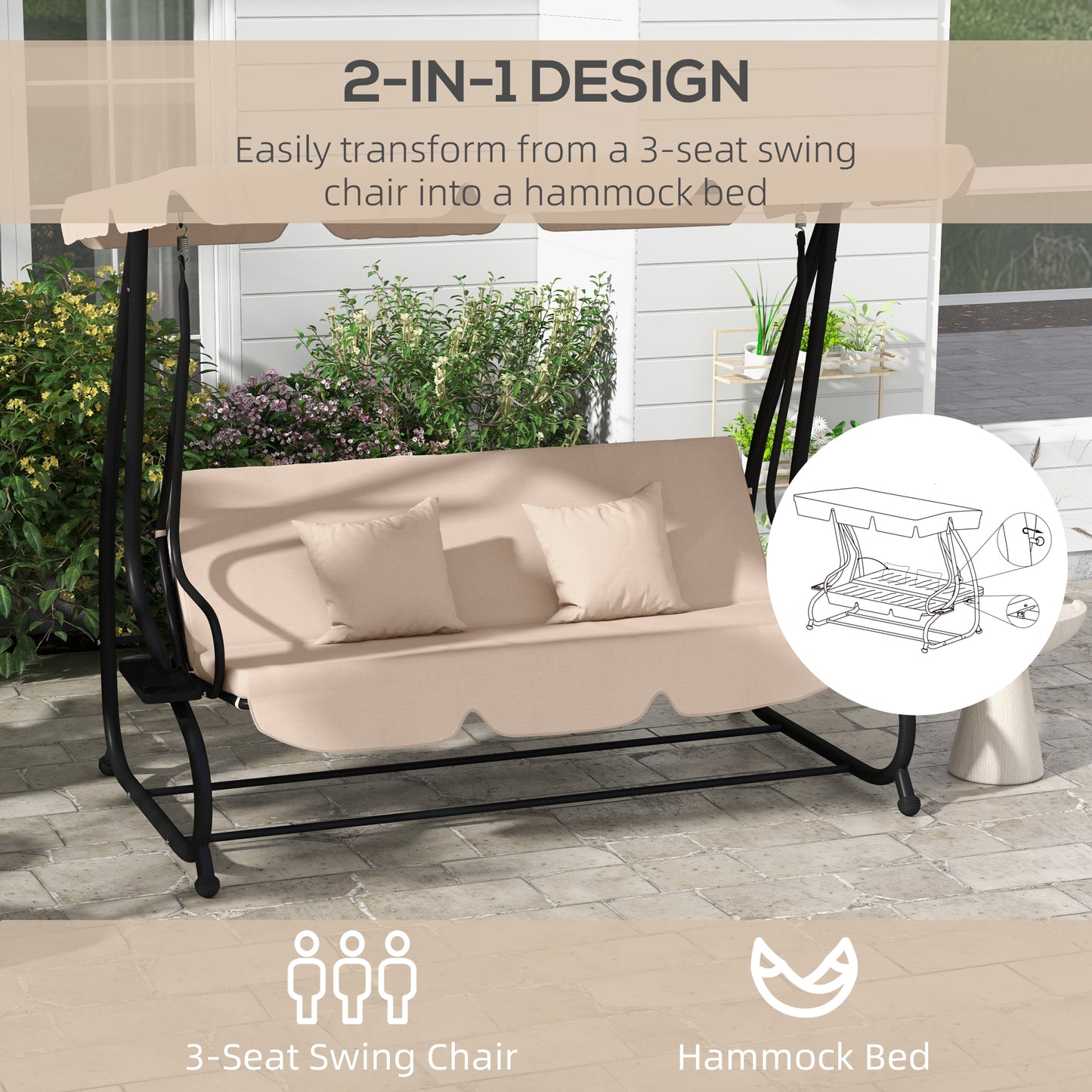 Three-Person garden Swing Chair, with Adjustable Canopy