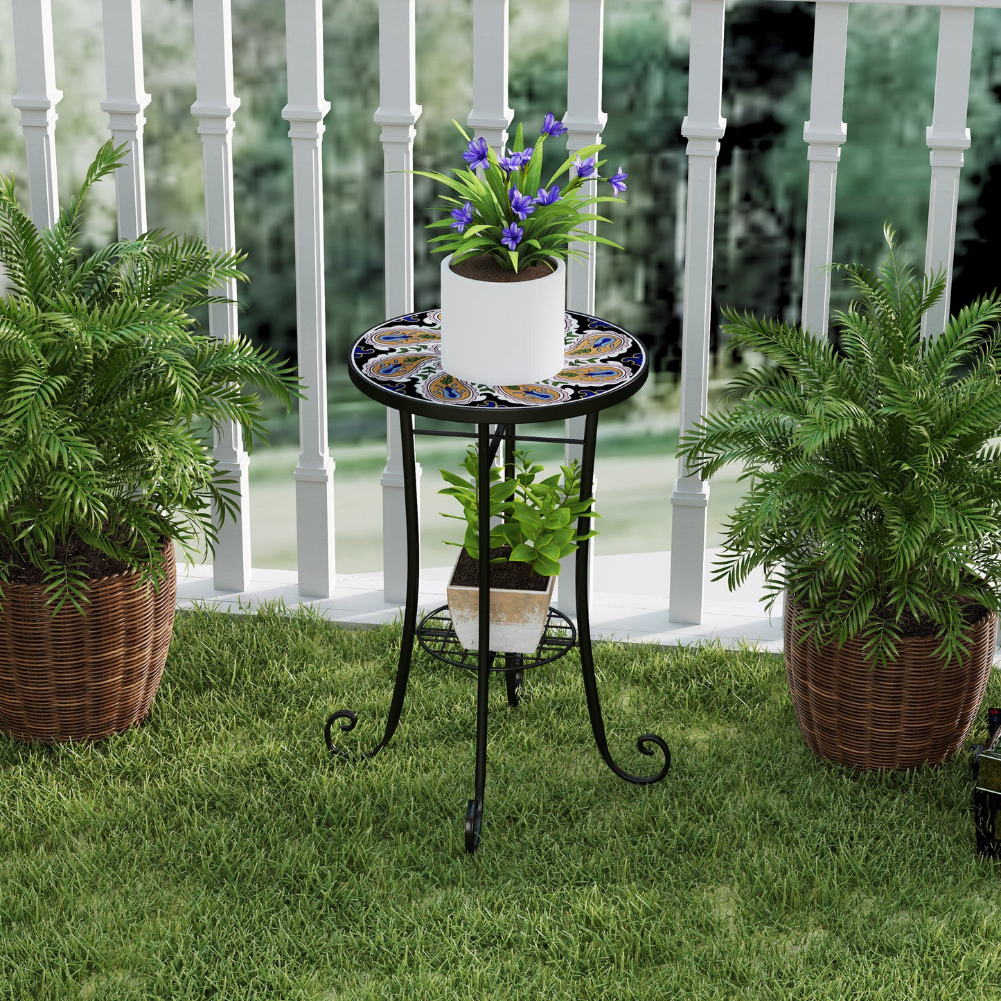 Mosaic Garden Table, 35.5 cm Round Outdoor Table with Shelf