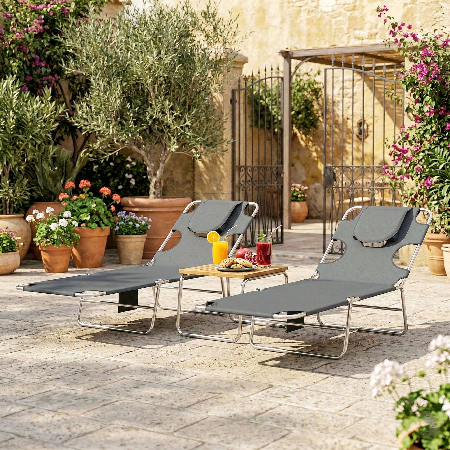 5-Position Adjustable Sun Loungers Set of 2 with Reading Hole